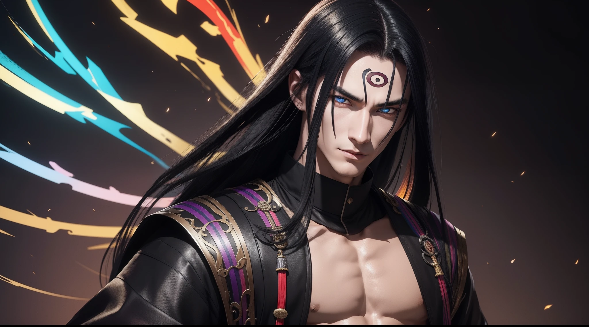 "Cheerful Orochimaru 20 years old is a real masterpiece with masculine beauty, perfect anatomy. Olpntng style, colorful rainbow, black samurai outfit, clean design, epic Instagram, artstation, full streaks of colored paint, circles, outlines. When you look at his beautiful eyes, you will clearly see every little detail and perfect line, every detail on the skin is beautiful in 8K quality, people We will be captivated by the confidence radiating from every look. His head has black hair and his face is drawn meticulously in every detail with 8K image quality.''
