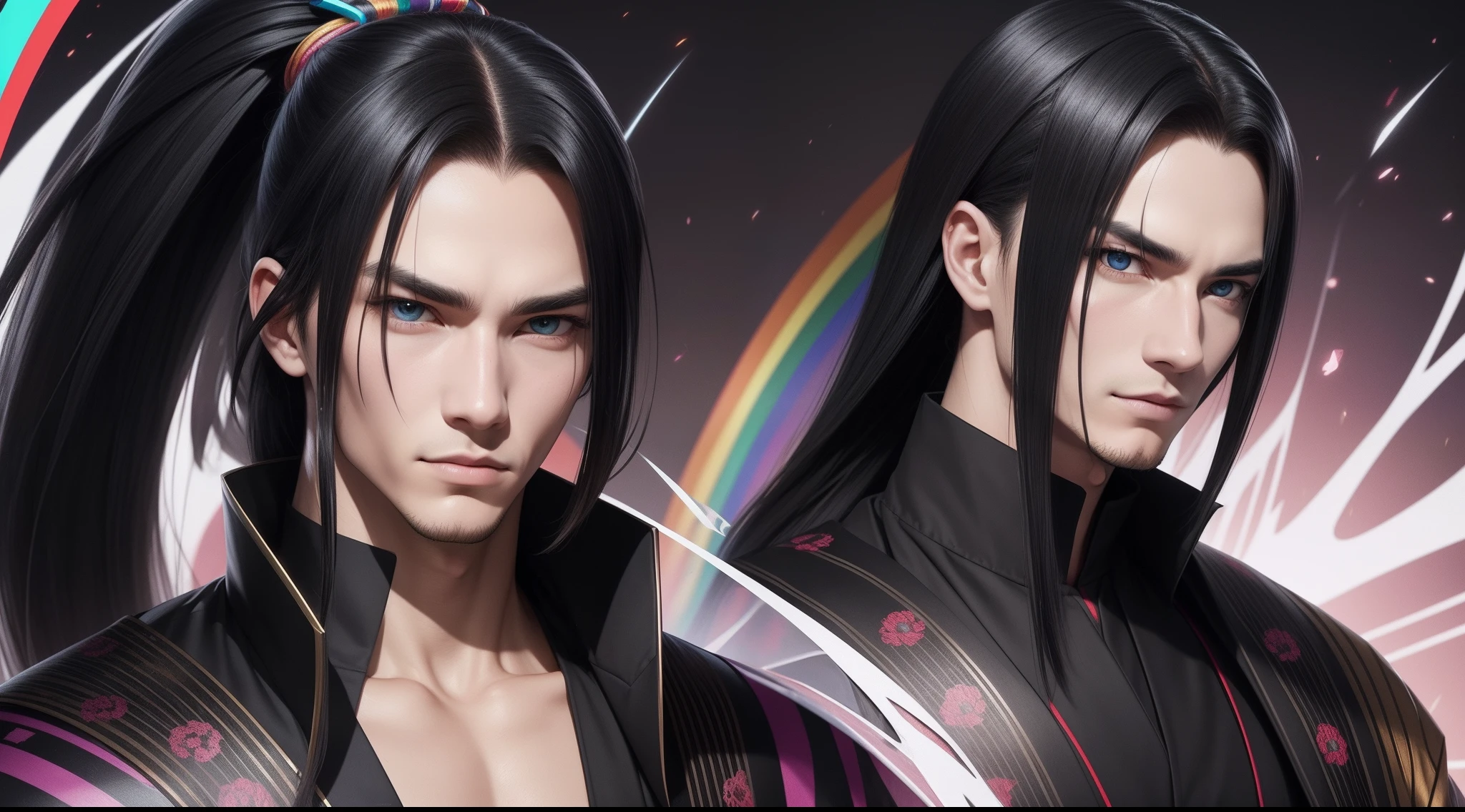 "Cheerful Orochimaru 20 years old is a real masterpiece with masculine beauty, perfect anatomy. Olpntng style, colorful rainbow, black samurai outfit, clean design, epic Instagram, artstation, full streaks of colored paint, circles, outlines. When you look at his beautiful eyes, you will clearly see every little detail and perfect line, every detail on the skin is beautiful in 8K quality, people We will be captivated by the confidence radiating from every look. His head has black hair and his face is drawn meticulously in every detail with 8K image quality.''