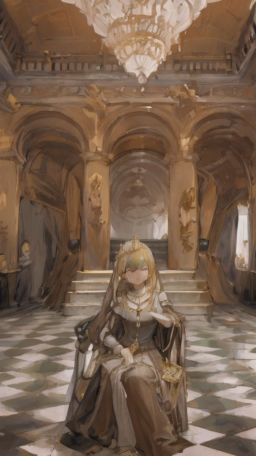 The queen sits in the middle of a lavish palace