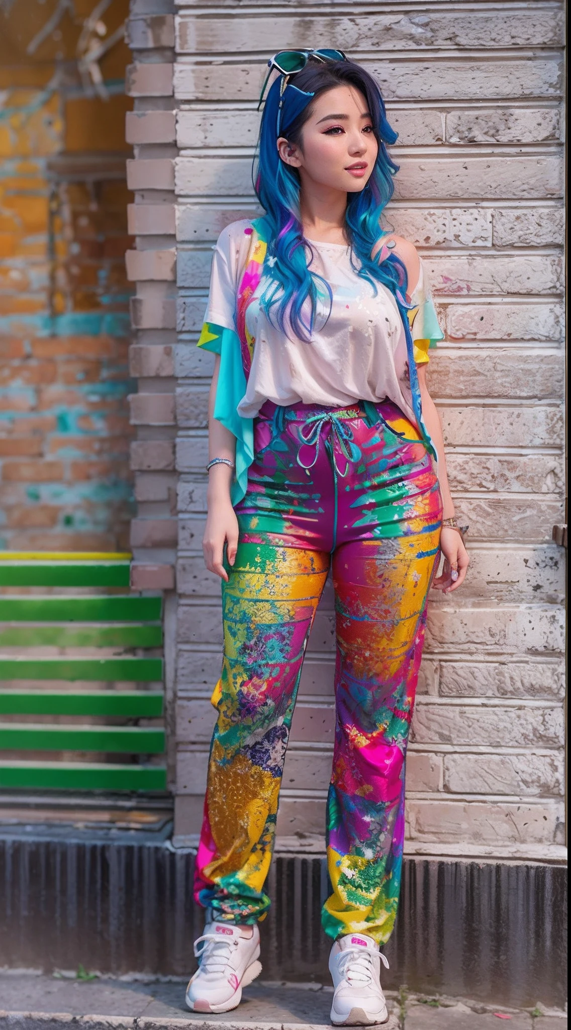 Aalfid woman，Colorful hair leaning against the wall, vivid vivid colors, multicolored clothing, Cut tattered T-shirts, vibrant color details, Vibrant and dynamic, bright vibrant colors, multicolored clothing, Intense and vivid colors, vivid vivid colors, Vivid and vibrant colors, vibrant tones, colorful outfit, colorful fashion, vivd colour, Lively 1girl, overflow, (huge tit), (Curvy body:0.8), No censorship, Angel face, Delicate face, Contre-Jour, Lighting, (A smile on his face:1.2), (Heavy makeup:1.3), （perfect female shape），（tack sharp focus：1.4），（Realistic damp skin：1.6），（Drenched Body：1.3），A detailed eye，Best quality at best, 超高分辨率, (fidelity:1.4), (wetted skin)