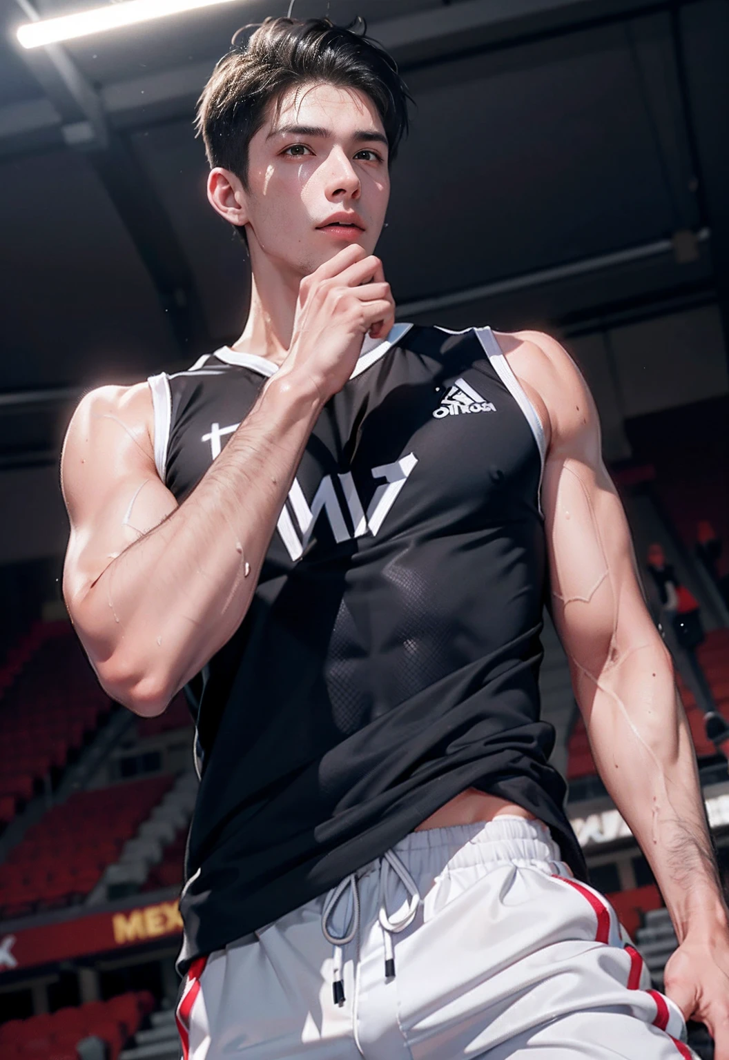 (10, raw photograph, Best qualtiy, master-piece:1.2), (lifelike, photo-realistic:1.4), illustration, high-res,hexagon,(1 Boy), Black Hair,rich, rough skin;, (oval face:1.1), Professional lighting, photons mapping, radiosity, Physical display, handsome, Sexy masculinity,Wear white trousers......,musculature,full ,Large bulge,Dunk on the basketball court, The shirt was so wet that I could see the muscles and see ., shorts and get wet with sweat until you see the muscles and .