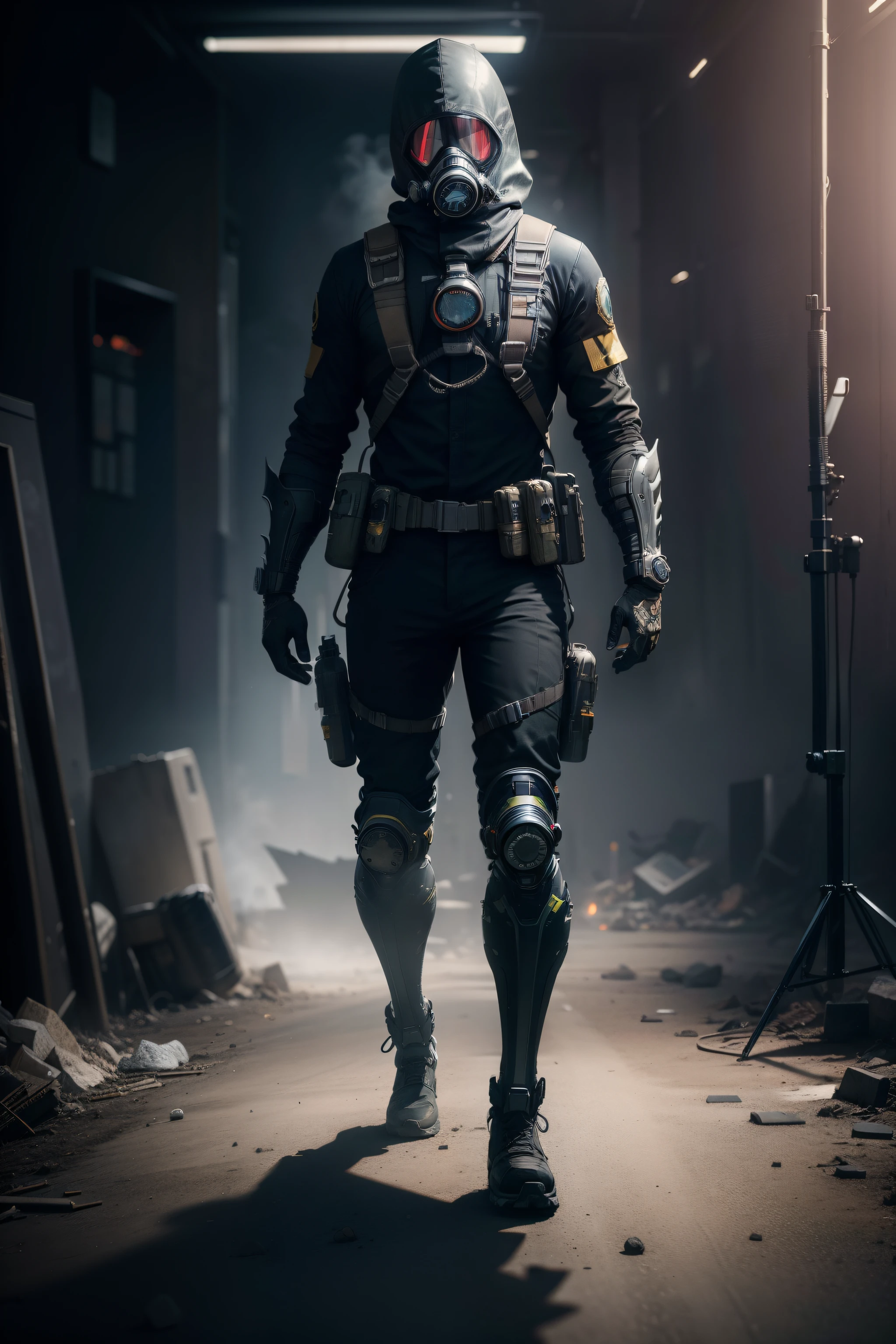 1 guy wearing gas mask, full body clear character, low angel photography, rich deep bright colors masterpiece, sharp focus, Unreal Engine 5, Cinematic, Perfect color grading, Hyper-detailed, insanely details, Intricate details, editorial photographyMe, transparent background