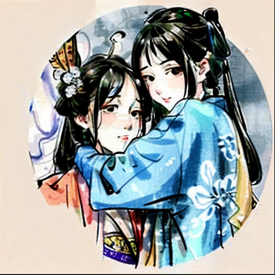 There is a painting,A man and a woman hugged each other, korean art nouveau anime, Japanese art style, in the art style of ukiyo - e, Hanfu, trending on artstration, Guviz-style artwork, comic ?????, inspired by Shin Saimdang, inspired by Suzuki Harunobu, ukiyo-style