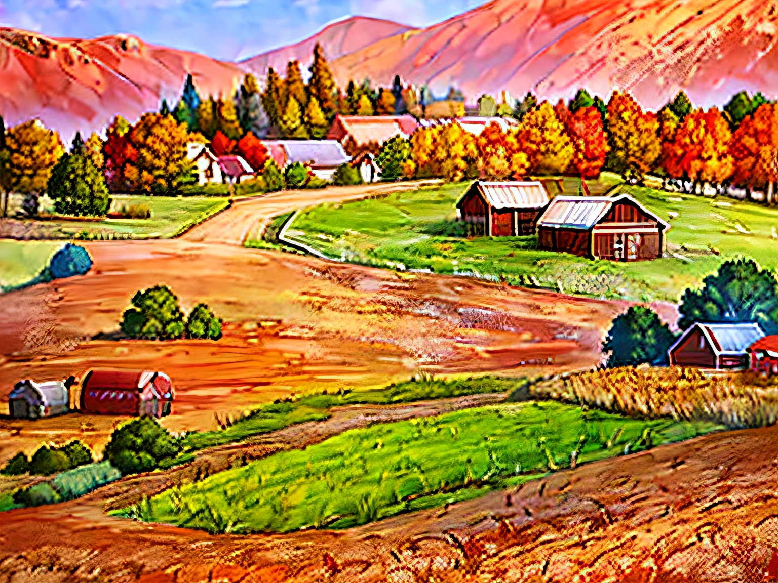 painting of a farm scene with a red truck and a red barn, rural splendor, high definition screenshot, darrell k sweet, autumn season, inspired by Terry Redlin, farmhouse, beautiful high resolution, scenery artwork, by Harold Sandys Williamson, countryside city scene, beautiful detailed scene, detailed scene, american scene painting, full - view, immensely detailed scene