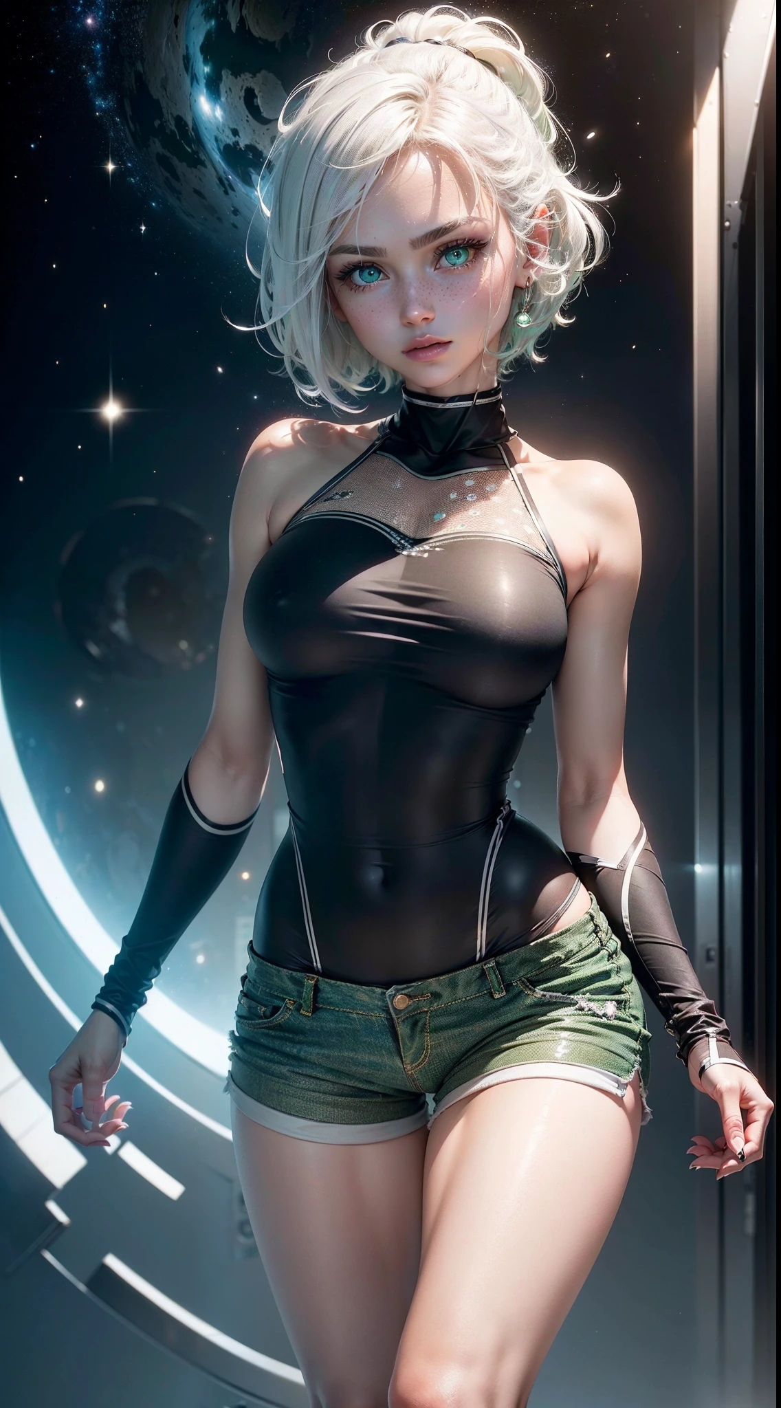 ((ultra high definition)), ((ultra high resolution)), ((ultra sharpness)), ((cinematic)), ((8K)), ((Unreal Engine 5)), ((dream girl)), ((extremely beautiful)), ((extremely white)), ((ultra white hairs)), ((short hairs)), ((totally realistic)), ((total fidelity)), ((very slim)), ((front view)), (((very green eyes))), ((perfect body)), ((ultra detailed face)), ((ultra detailed eyes)), ((ultra detailed irises)), ((ultra detailed hands)), ((ultra detailed fingers)), (((alone))), (((full body))), ((spots on the skin)), ((natural lighting)), ((always the same face)), ((repeat always the same face)), ((always the same body)), ((always the same body proportions)), ((wearing shorts and t-shirt)), ((in outer space)), ((alone in the photo)), ((repeat the same clothes)), ((always the same clothes)), ((repeat exactly the same outfit)), ((looking at the camera)), ((repeat all))