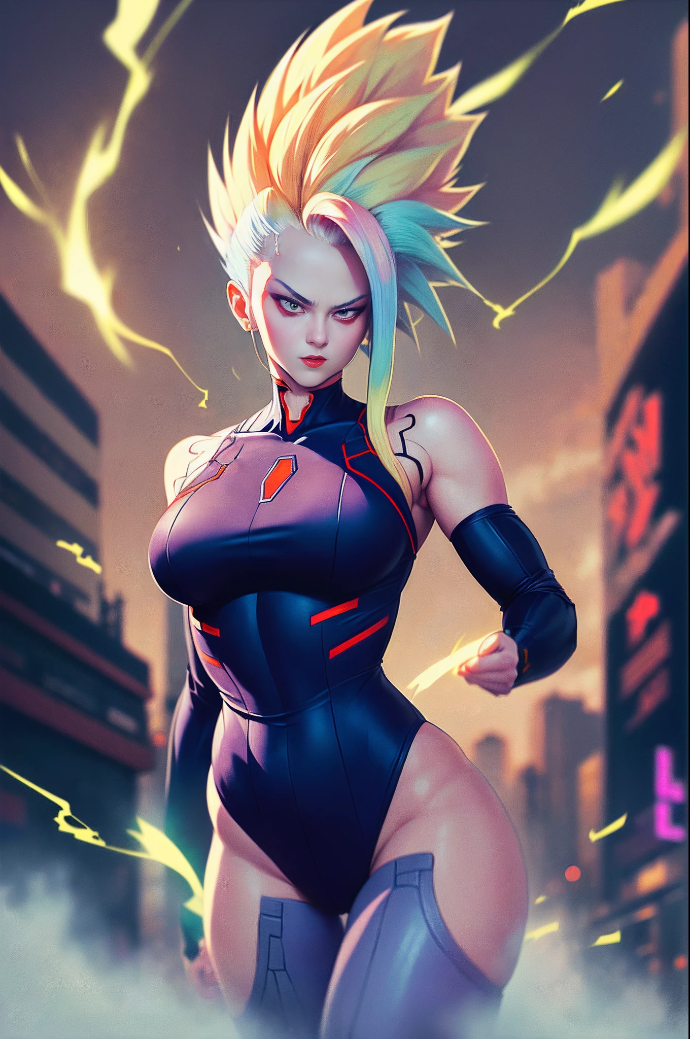 masterpiece, best quality, highres, SuperSaiyan, lu1, cyborg, multicolored hair, makeup, bare shoulders, black leotard, highleg leotard, thong, cyberpunk, train, walking, cowboy shot, super saiyan, spiked hair, aura, electricity