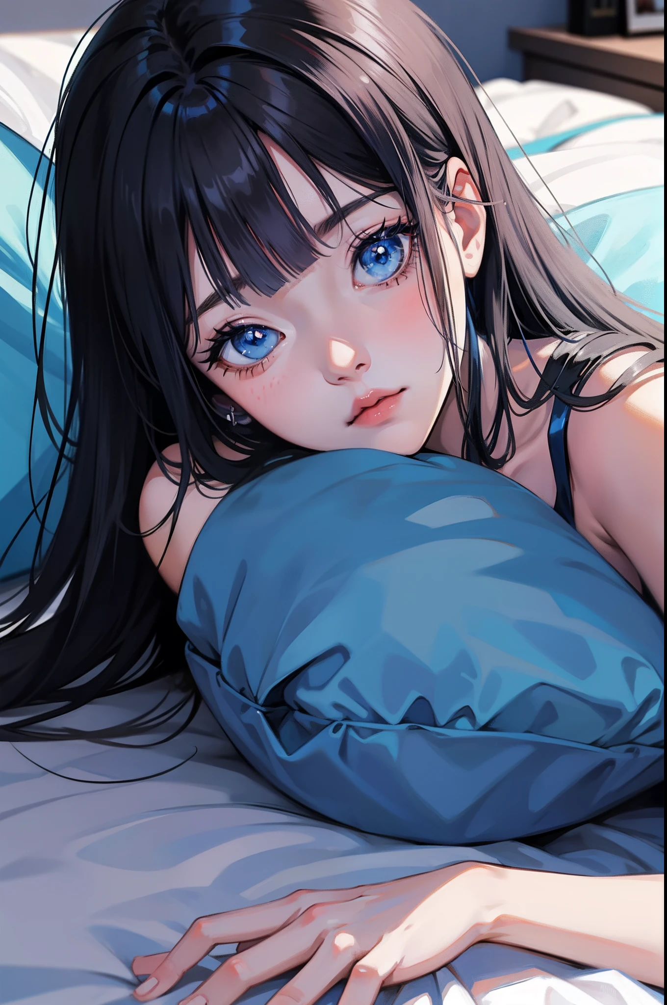 Anime shoujo,Black medium long hair, A blue gradient behind the hair,With bangs,blue color eyes,Sleep on your stomach on your table,Sleeping position,a beautiful anime portrait, style of anime4 K, Stunning anime face portrait, Detailed digital anime art, Anime art wallpaper 8 K, Beautiful anime face, Anime style. 8K, anime visual of a cute girl, Anime art wallpaper 4k, Anime art wallpaper 4 K, blue shining eyes,A half body,Lie on the pillow,holding cell phone