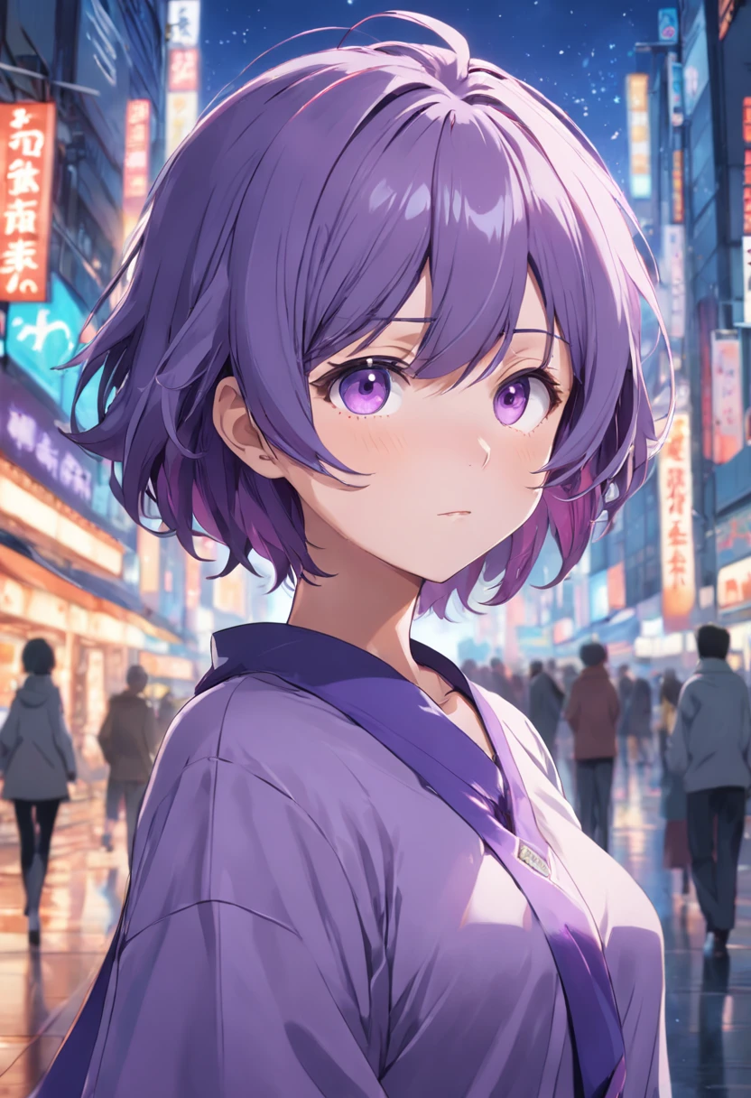 anime girl with purple hair and purple eyes in a gray shirt, anime moe artstyle, fubuki, rin, ufotable art style, she has purple hair, hana yata, yuyushiki, iwakura lain, ( ( ( yoshinari yoh ) ) ), anime style character, rei hiroe, with short hair, anime stylized, 4k cinematic, Japan, short hair, long neck shirt