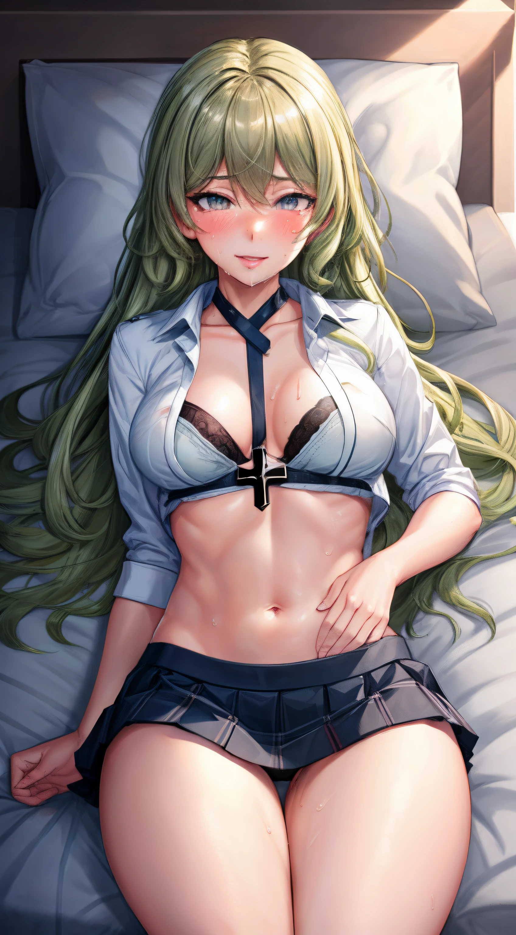 masterpiece, best quality,Extreme Detail, Super detailed,
beautiful eyes, beautiful hair, Beautiful side, beautiful skin,dutch angle, green hair, snake eyes, big breasts,thigh, buttock, school uniform,short skirt, sit, Cross your legs towards the viewer, ahegao, blush, sweat, To the top, pov, bed