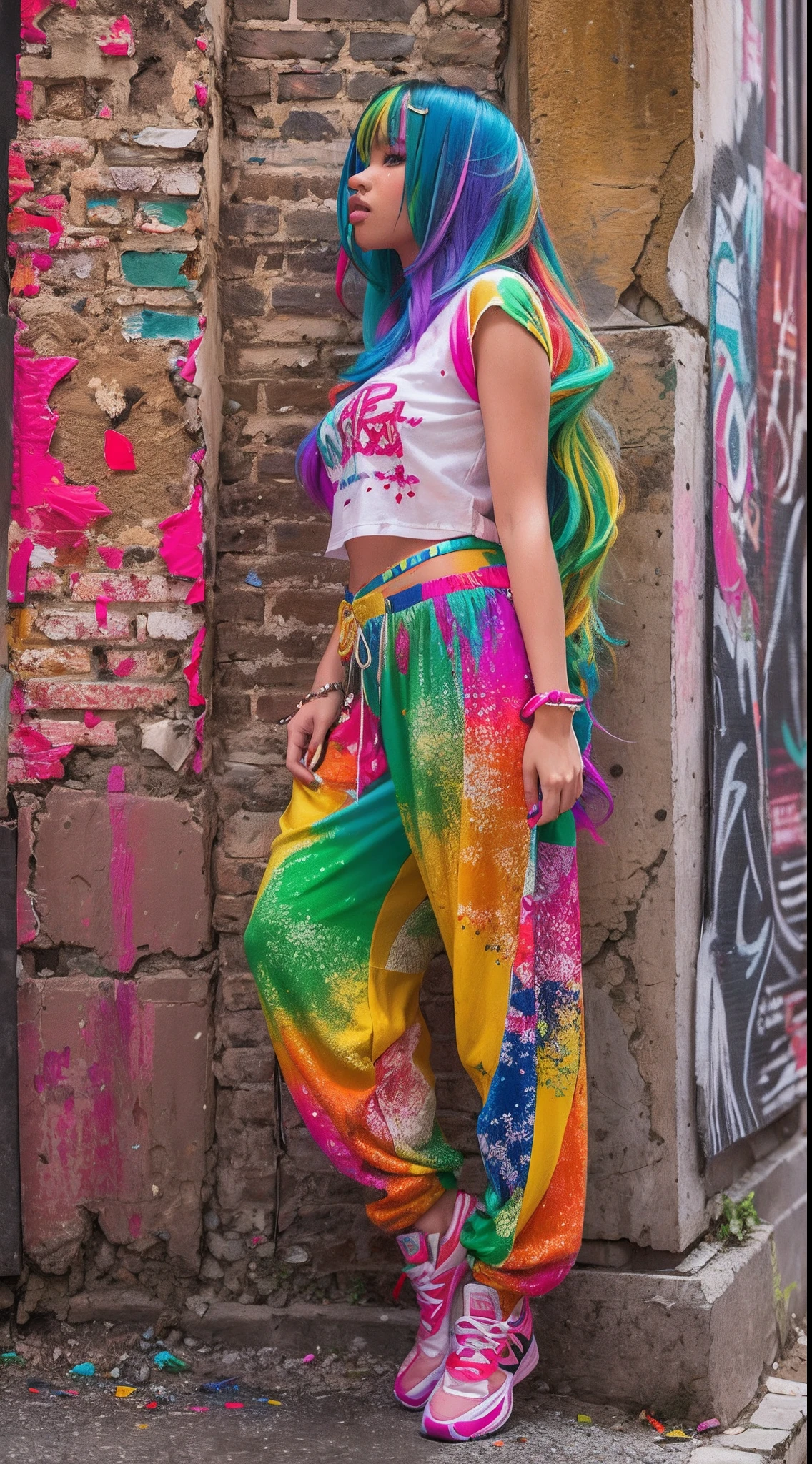 Aalfid woman,Colorful hair leaning against the wall, vivid vivid colors, multicolored clothing, Cut tattered T-shirts, vibrant color details, Vibrant and dynamic, bright vibrant colors, multicolored clothing, Intense and vivid colors, vivid vivid colors, Vivid and vibrant colors, vibrant tones, colorful outfit, colorful fashion, vivd colour, vivid and vibrant