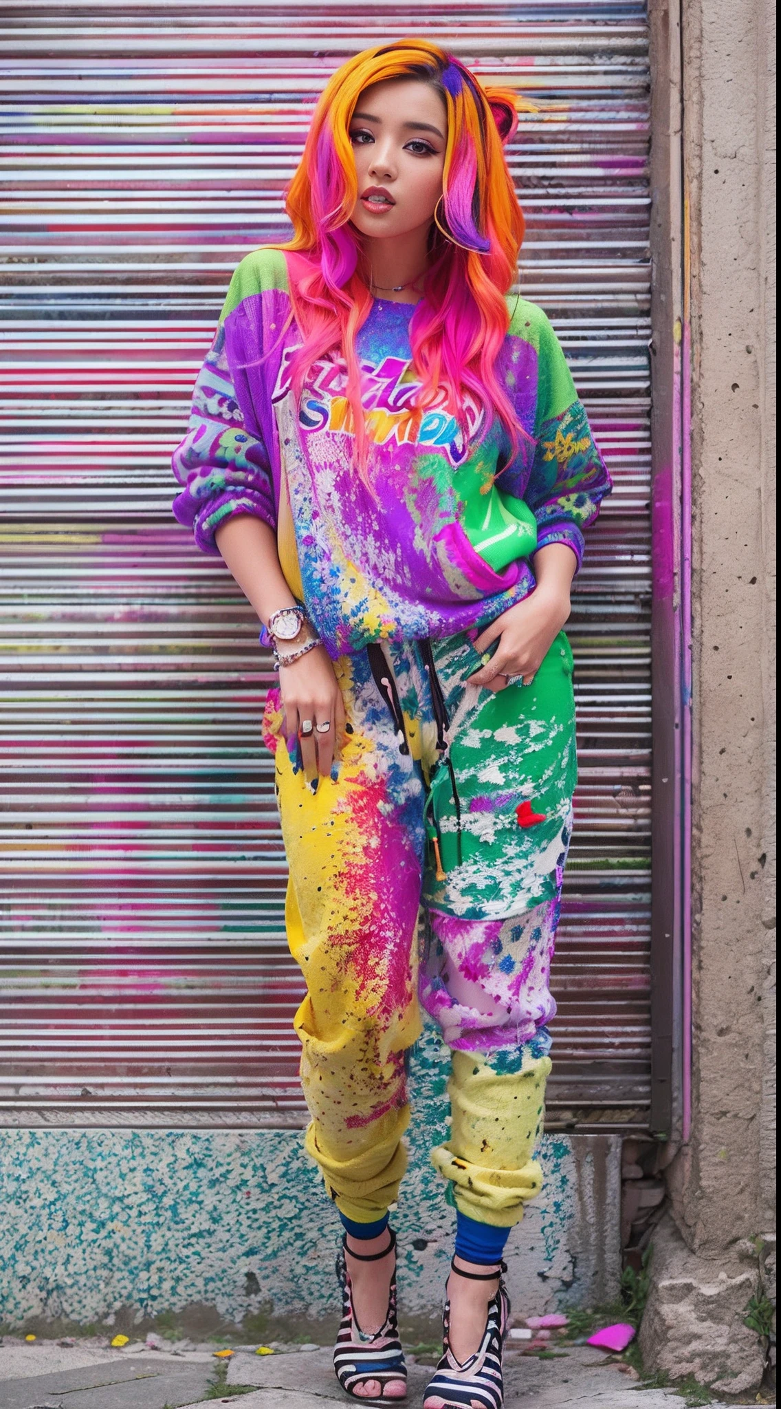 Aalfid woman,Colorful hair leaning against the wall, vivid vivid colors, multicolored clothing, Cut tattered T-shirts, vibrant color details, Vibrant and dynamic, bright vibrant colors, multicolored clothing, Intense and vivid colors, vivid vivid colors, Vivid and vibrant colors, vibrant tones, colorful outfit, colorful fashion, vivd colour, vivid and vibrant
