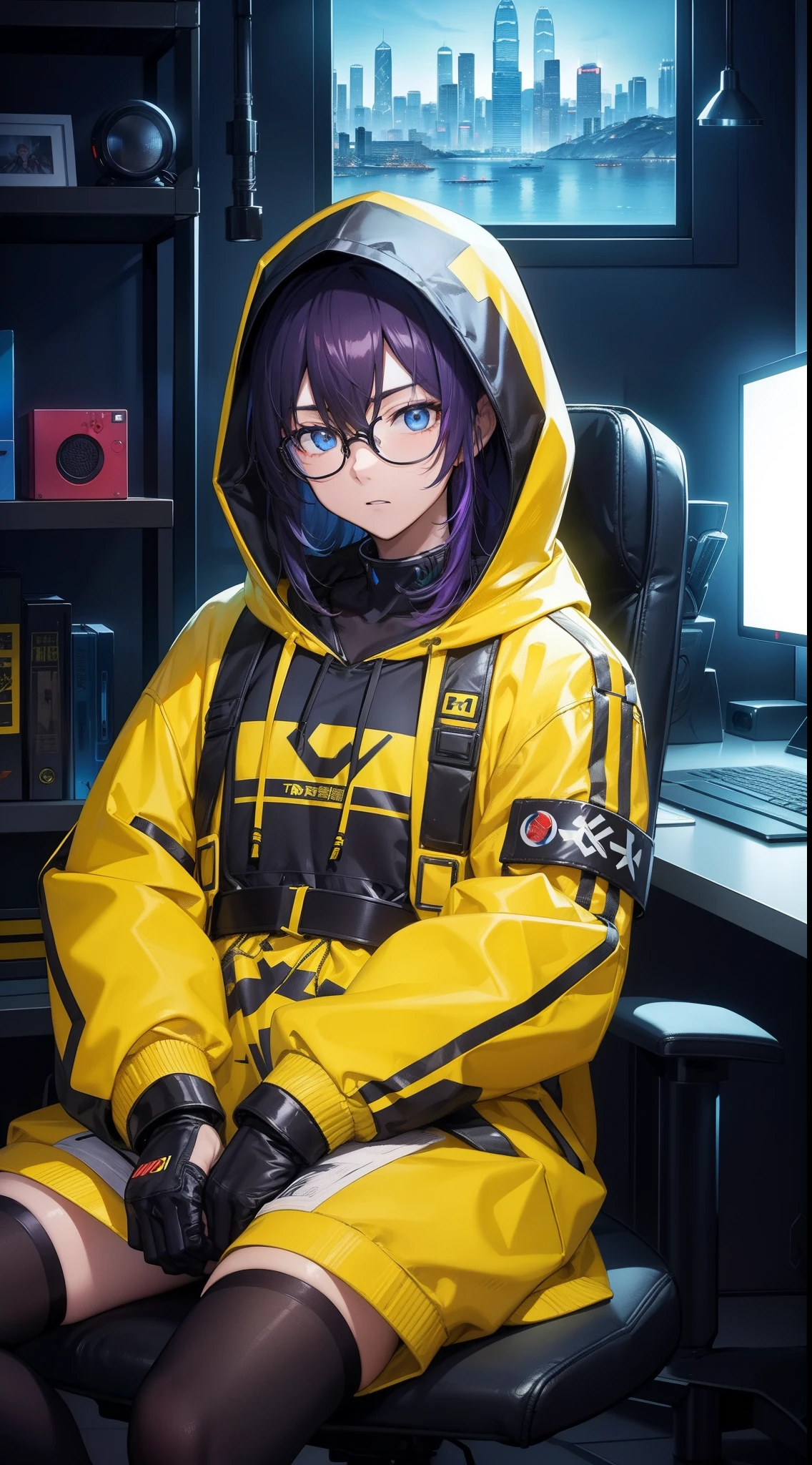 a stylish Hong Kong gammer sits behind his laptop in his studio during the night. He's wearing a yellow-colored hoodie with the hood covering his head and black glasses. The room is lit by the soft glow of the neon theme, The gammer is looking straight into the camera, his face illuminated, showing determination and focus like shooting an ID photo. To his side, a professional microphone on a stand, ready to be used. The studio's decor is cyber punk, gaming style and neon theme, with a nighttime cityscape of Hong Kong through a window on the background. The overall ambiance of the image should convey a sense of dedication, creativity, and connection to AI technol