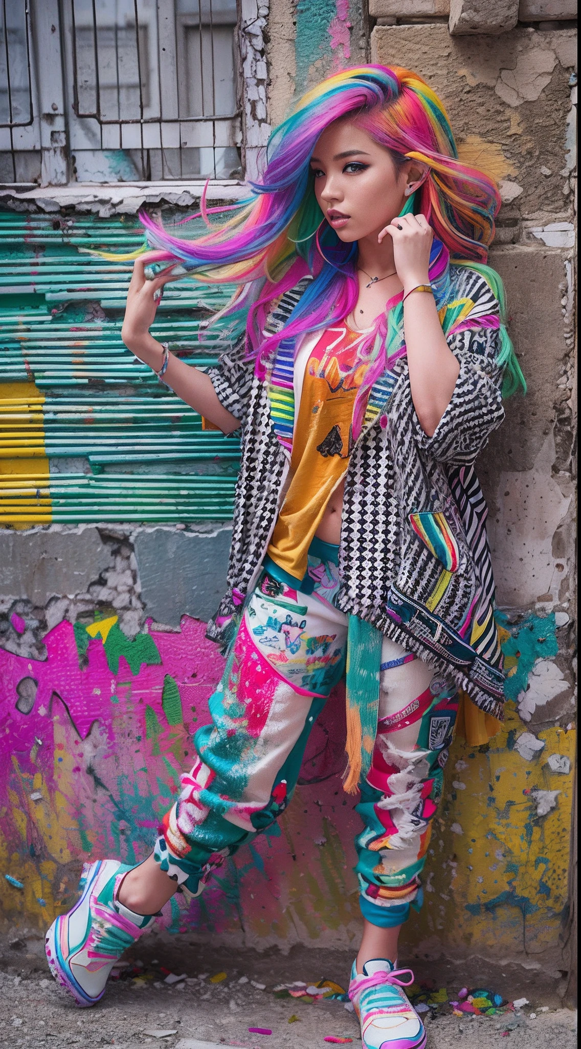Aalfid woman，Colorful hair leaning against the wall, vivid vivid colors, multicolored clothing, Cut tattered T-shirts, vibrant color details, Vibrant and dynamic, bright vibrant colors, multicolored clothing, Intense and vivid colors, vivid vivid colors, Vivid and vibrant colors, vibrant tones, colorful outfit, colorful fashion, vivd colour, vivid and vibrant