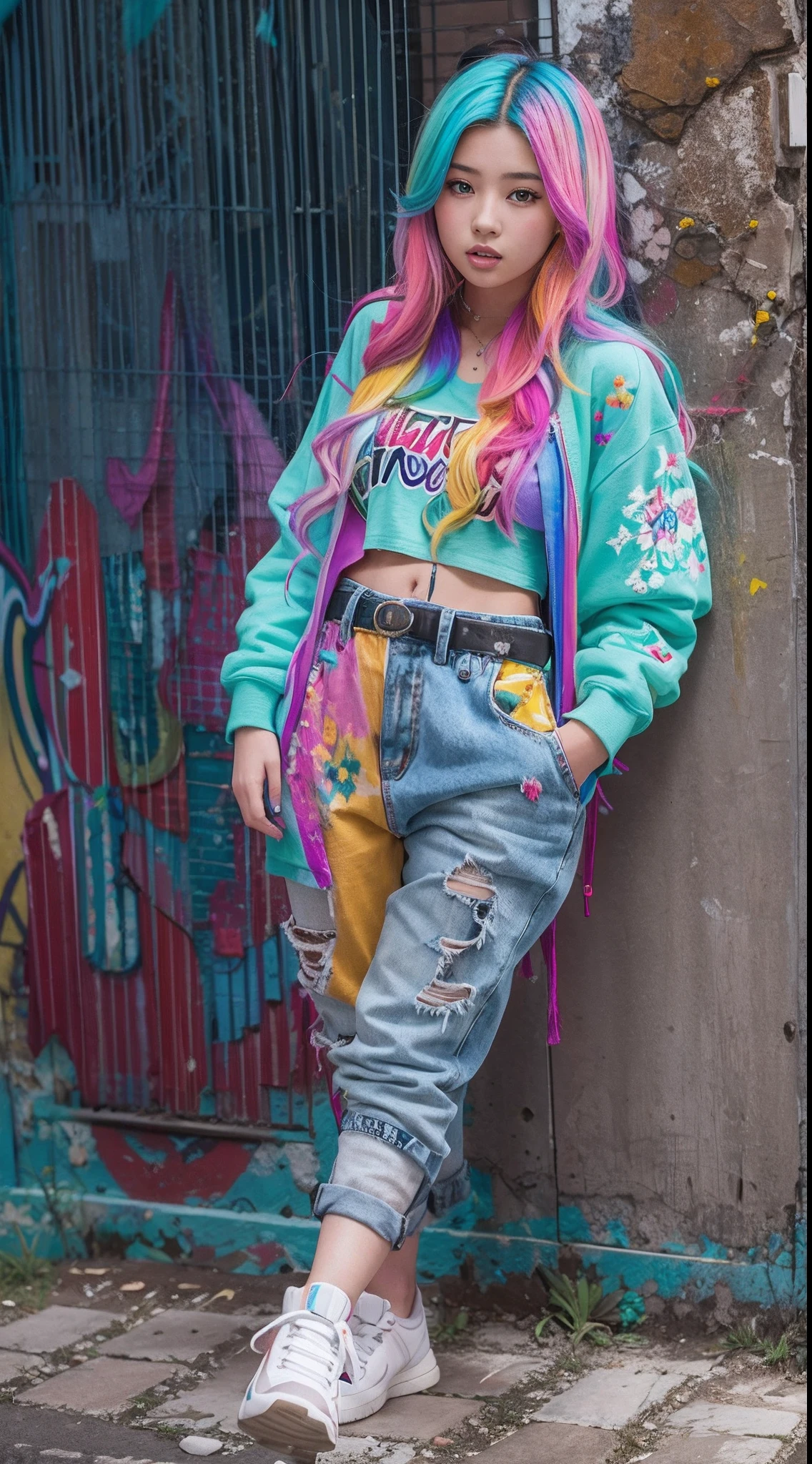 Colorful hair leaning against the wall, vivid vivid colors, multicolored clothing, Cut tattered T-shirts, vibrant color details, Vibrant and dynamic, bright vibrant colors, multicolored clothing, Intense and vivid colors, vivid vivid colors, Vivid and vibrant colors, vibrant tones, colorful outfit, colorful fashion, vivd colour, vivid and vibrant,18 years old girl