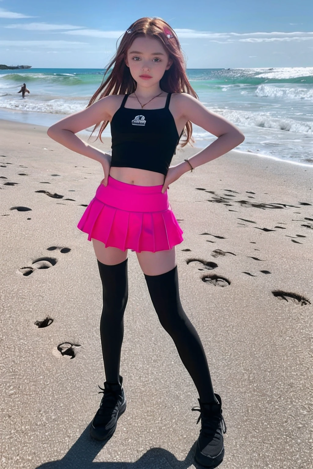Small Sadie Sink in pink tights, Bikini black, Black anklet, tshirt, Skirt on the beach