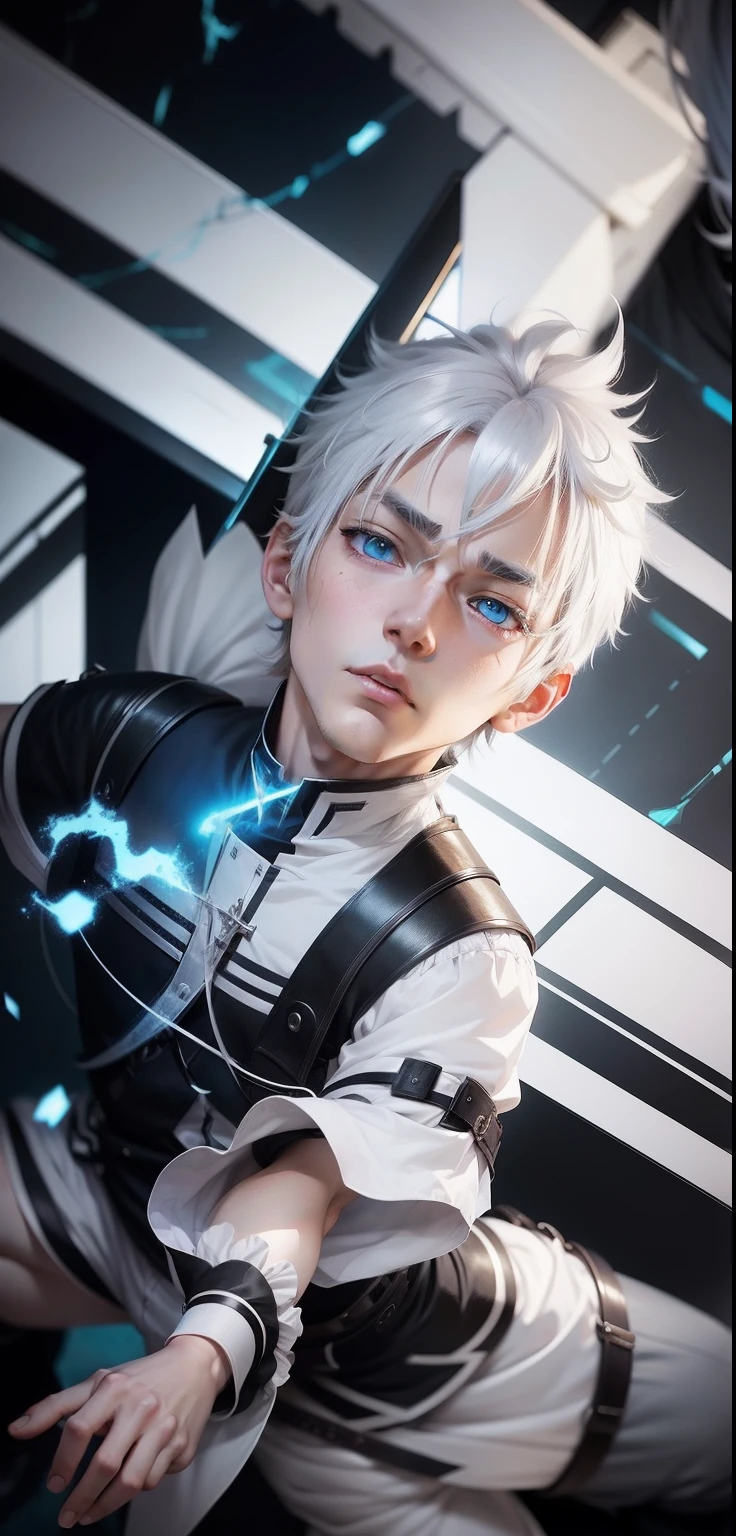 Anime with white hair and blue eyes, tall anime guy with blue eyes,, 2 d anime style, spear, he has dark grey hairs, zerochan art, white haired, zerochan, Male live-action anime style, male anime character,Anime realistic style