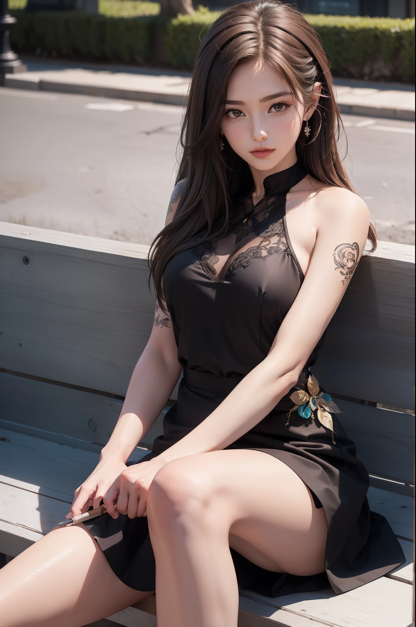 (8k, RAW photos,Best quality, High Resolution:1.1), (Hyperrealistic:1.4),(Realistic, Photorealistic:1.3), Soft Light,Realistic Face,Realistic Body,Realistic Skin,Absurdity,Masterpiece,(Cute:1.8),(Bangs Long,Black Hair,Inner Color Pink,Hairpin),(Big:1.2),(Very Dark Lipgloss, black lipstick,so many eyelashes,pitch black eyeshadow),double teeth,open lips,provocative look,blusher,good style,(unbuttoned shirt:1.1),black long slit skirt,deep slit,black heels,from below,condescending,beautiful legs,buttocks visible through thighs,cinema lights,film grain,closeup,looking at viewer,full body,depth of field, Blurry background, eye focus, young, 85mm lens, f/1.4, professional lighting, portrait, photon mapping, radiosity, physically based rendering, tribal tattoo, transparency, Japan girls, night