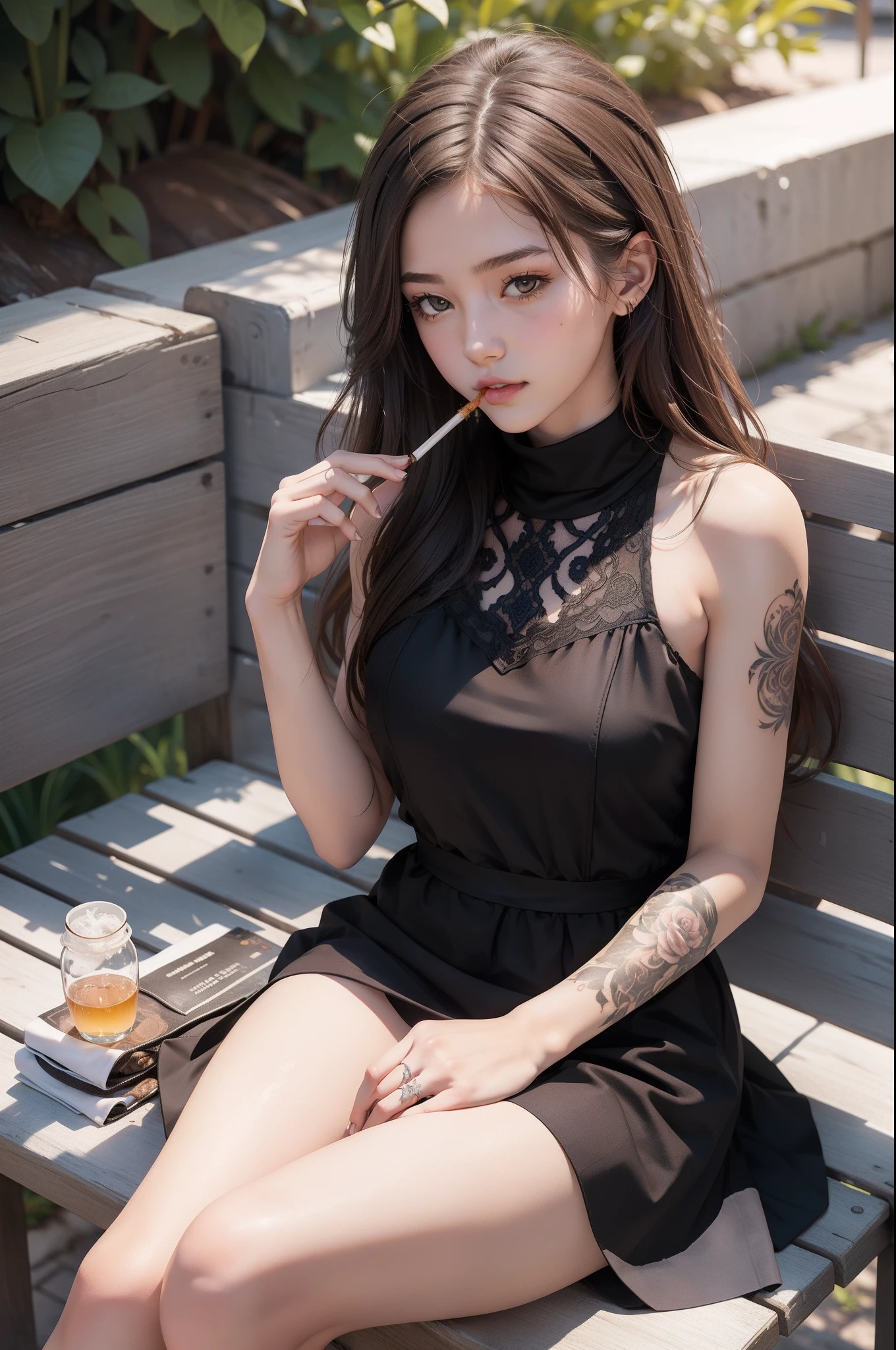 A girl sat on the bench & smoking, beautiful and have a perfect body figure and long brown hair and wearing dress and on the left side hands got a tattoo and crossed leg sitting
