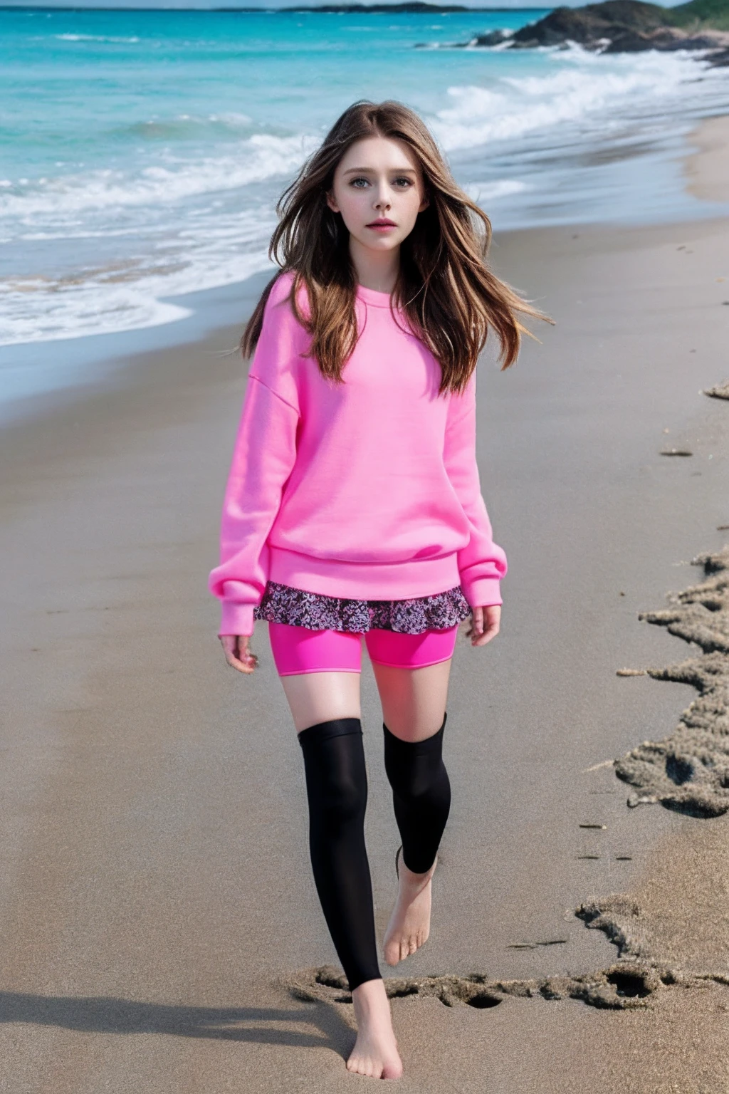 Small Elizabeth Olsen in pink tights, Bikini black, Black anklet, tshirt, Skirt on the beach