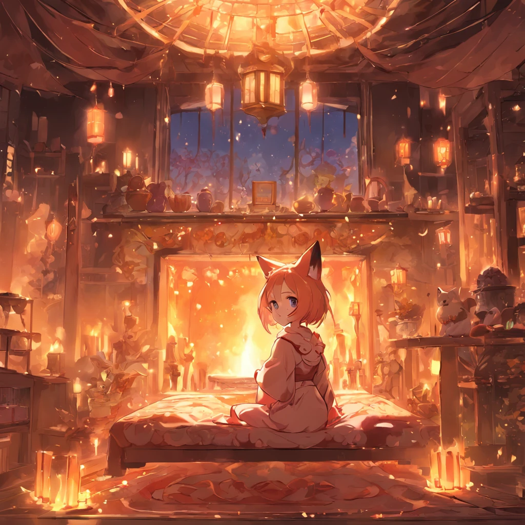 Anime character Little cute fox girl , Big room, A lonely day, Fantasy Treehouse, The room was full of properties, Gibly studio style, Intricate golden fur, Beautiful and big eyes, Warm room with back view of anime characters, Sit in front of a warm brazier, Comfortable room with fur carpet, high tea, Plants on the dining table, Soft light through the windows