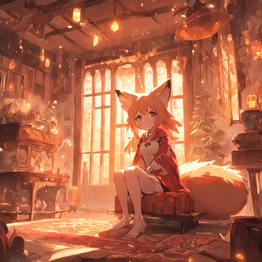 Anime character Little cute fox girl , Big room, A lonely day, Fantasy Treehouse, The room was full of properties, Gibly studio style, Intricate golden fur, Beautiful and big eyes, Warm room with back view of anime characters, Sit in front of a warm brazier, Comfortable room with fur carpet, high tea, Plants on the dining table, Soft light through the windows