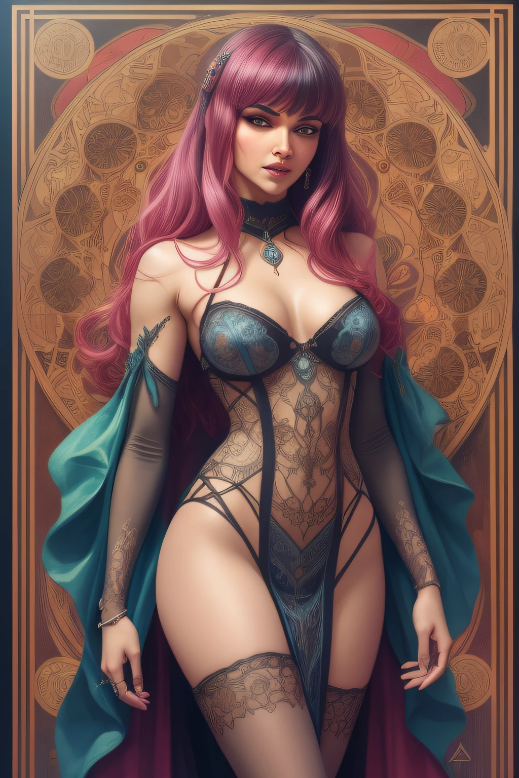 Deepika Padukone as Vampirella, full body length standing of a photorealistic beautiful woman, proportionate, intense coloration fantasy, light hair, a stunning realistic photograph 20 years , bubblegum pink colored hair, upper class fashion, random color eyes, full body, cover, dress design has fractal and tiling features, hyperdetailed painting, luminism, octane render, Bar lighting, complex, {{Martin Ansin}}, 8k resolution concept art portrait by Martina Fačková and Prywinko Art, Artgerm, WLOP, Alphonse Mucha, little fusion pojatti realistic steampunk, fractal isometrics details bioluminescence : hypereallistic cover photo awesome full color, hand drawn, dark, gritty, realistic mucha, klimt, davinci, erte .12k, intricate. hit definition , cinematic,Rough sketch, mix of bold dark lines and loose lines, bold lines, on paper , real life human, bold colors on dresses,