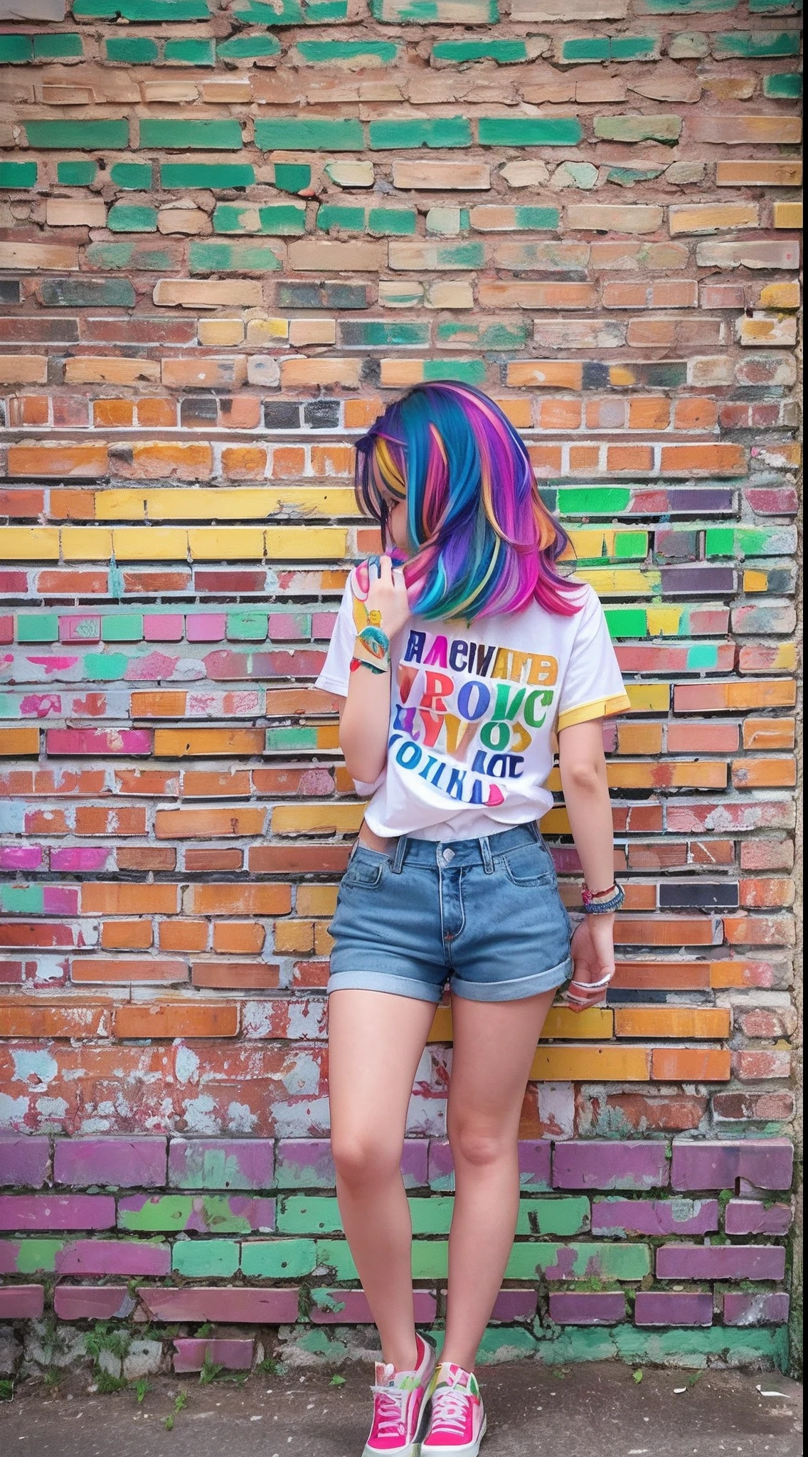 Colorful hair leaning against the wall, vivid vivid colors, multicolored clothing, Cut tattered T-shirts, vibrant color details, Vibrant and dynamic, bright vibrant colors, multicolored clothing, Intense and vivid colors, vivid vivid colors, Vivid and vibrant colors, vibrant tones, colorful outfit, colorful fashion, vivd colour, vivid and vibrant,18 years old girl