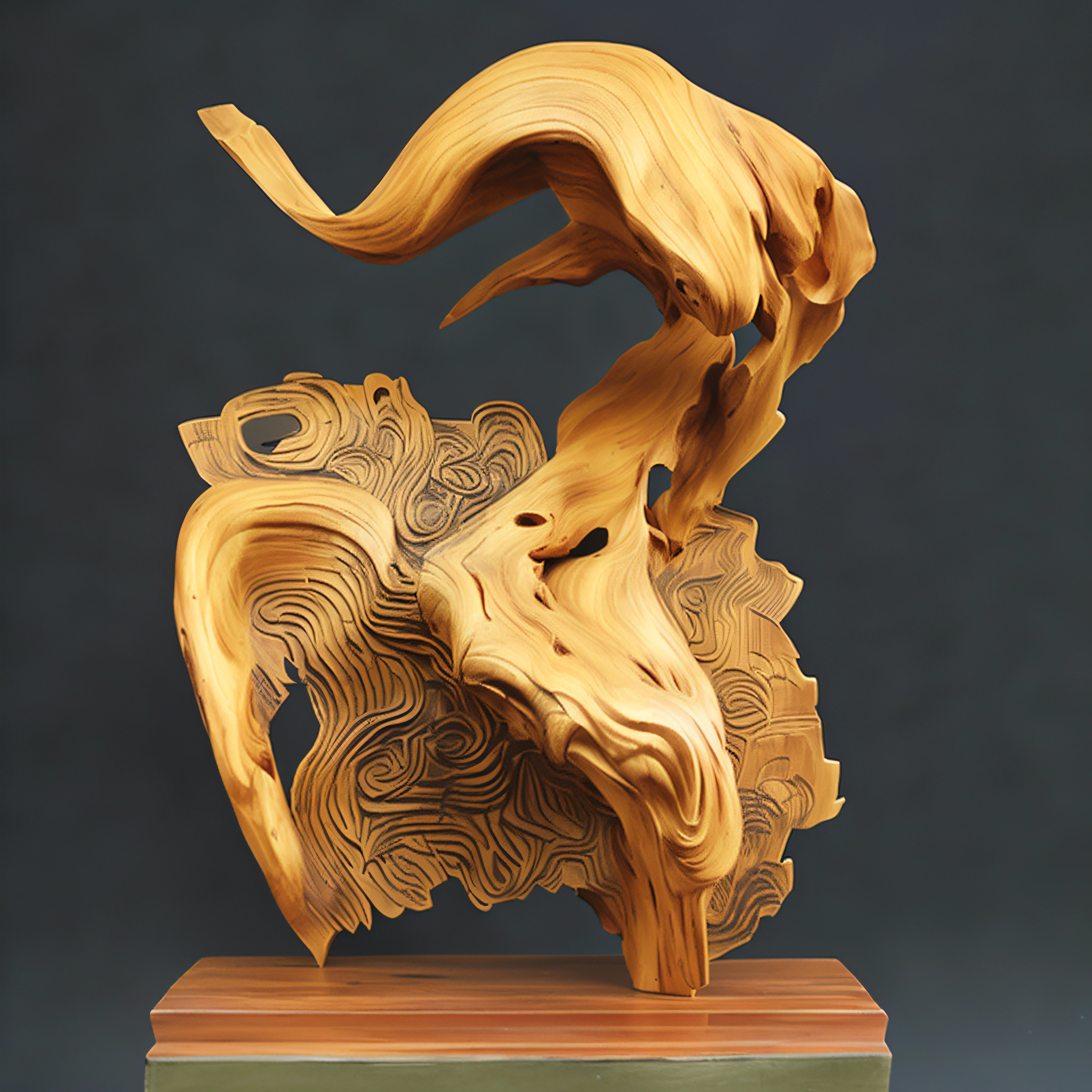 There is a wooden sculpture of a bird at the stand, carved wood, organic form ”, Carved in wood, sculpture made of wood, arbor, wood art, driftwood sculpture, rough, flowing forms, Exuberant organic elegance form, carved wood, dao lee, wind blown, By Shen Quan, triumphant, su fu, yee chong