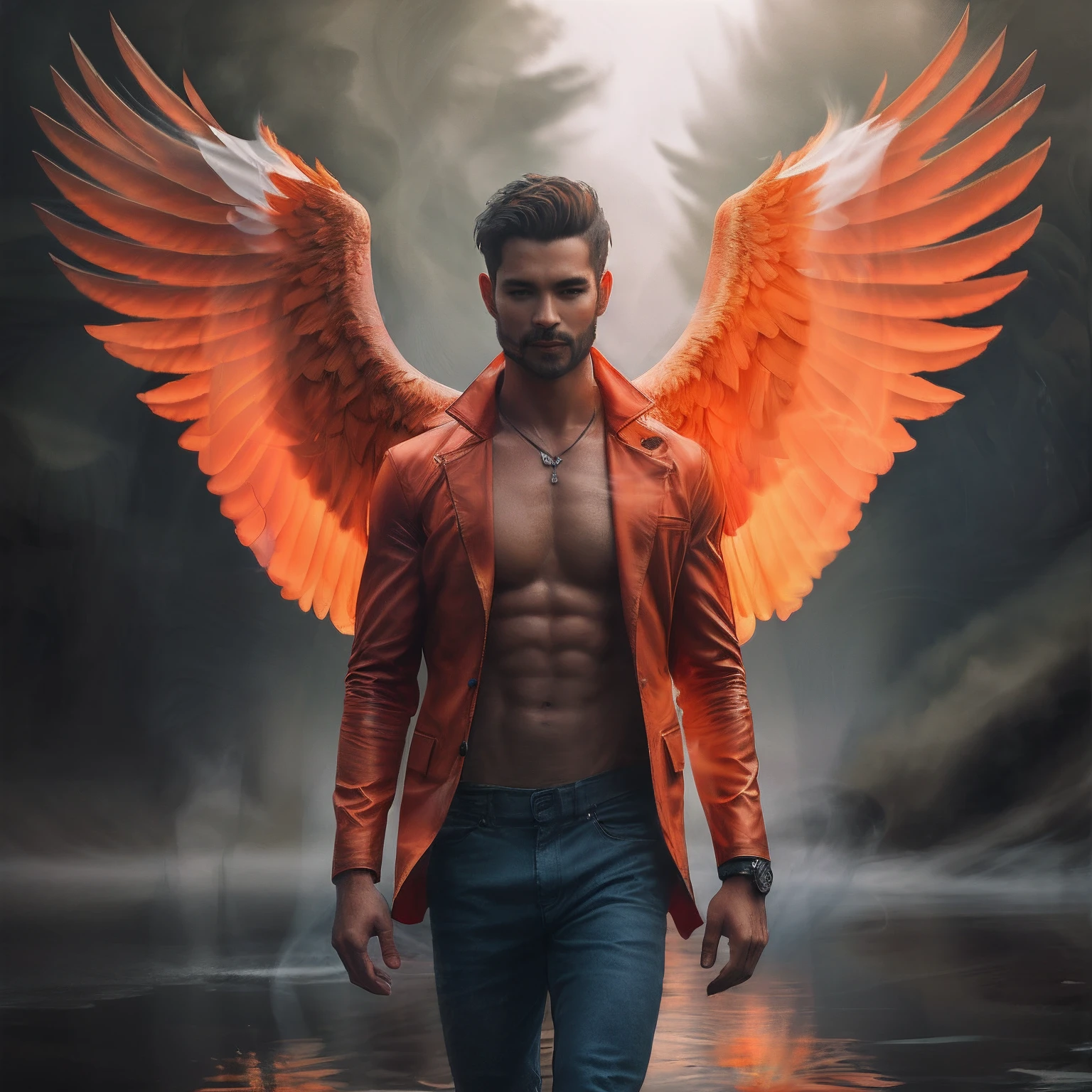 Flaming wings, firey lake, swirl of smoke, foggy