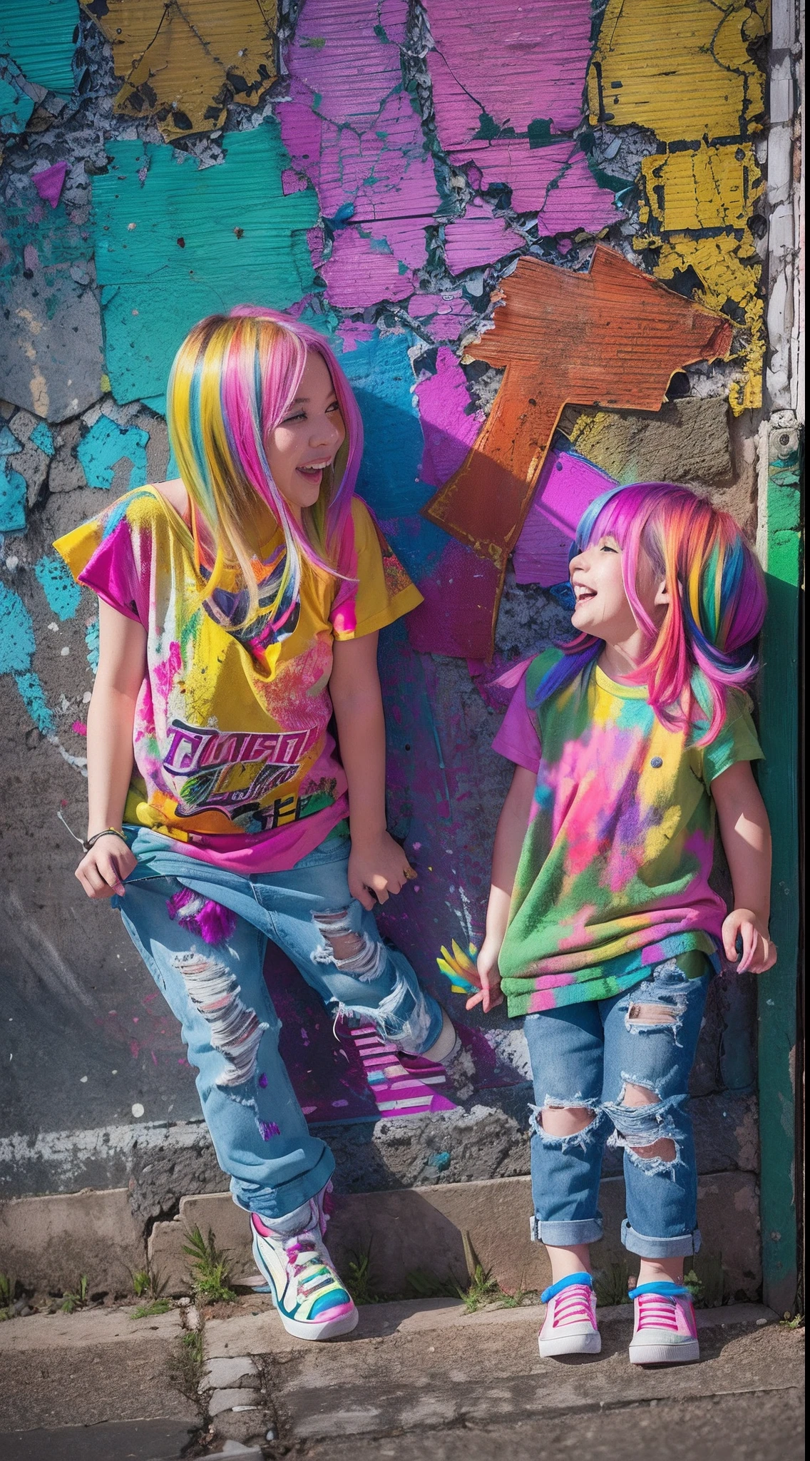 Colorful hair leaning against the wall, vivid vivid colors, multicolored clothing, Cut tattered T-shirts, vibrant color details, Vibrant and dynamic, bright vibrant colors, multicolored clothing, Intense and vivid colors, vivid vivid colors, Vivid and vibrant colors, vibrant tones, colorful outfit, colorful fashion, vivd colour, vivid and vibrant,Two laughing little girls