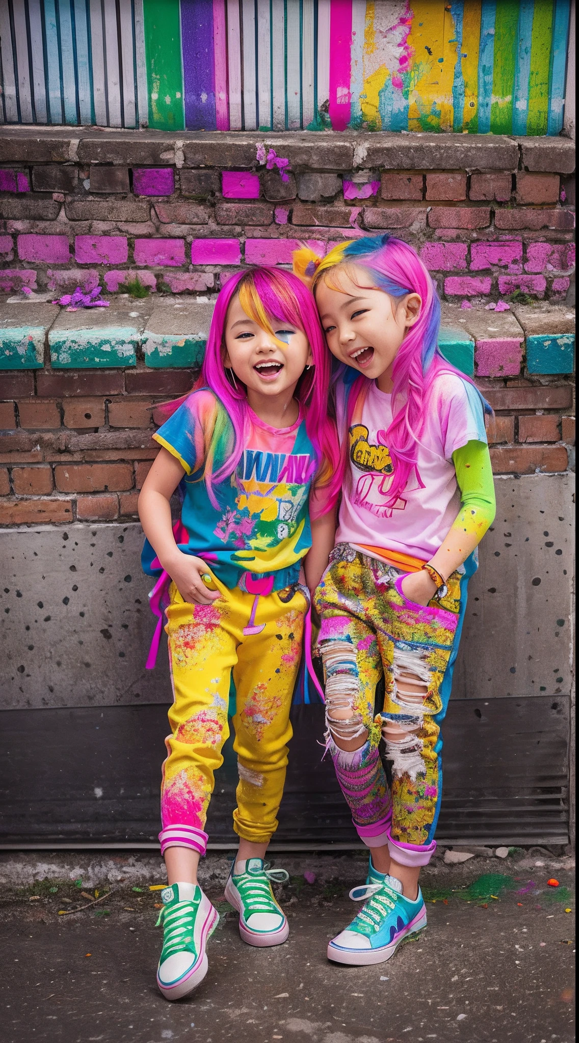 Colorful hair leaning against the wall, vivid vivid colors, multicolored clothing, Cut tattered T-shirts, vibrant color details, Vibrant and dynamic, bright vibrant colors, multicolored clothing, Intense and vivid colors, vivid vivid colors, Vivid and vibrant colors, vibrant tones, colorful outfit, colorful fashion, vivd colour, vivid and vibrant,Two laughing girls