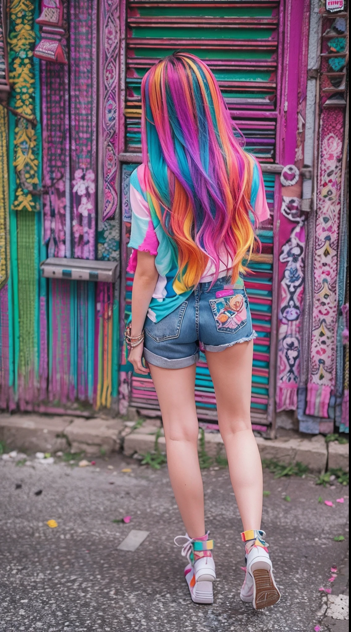 Colorful hair leaning against the wall, vivid vivid colors, multicolored clothing, Cut tattered T-shirts, vibrant color details, Vibrant and dynamic, bright vibrant colors, multicolored clothing, Intense and vivid colors, vivid vivid colors, Vivid and vibrant colors, vibrant tones, colorful outfit, colorful fashion, vivd colour, vivid and vibrant,18 years old girl