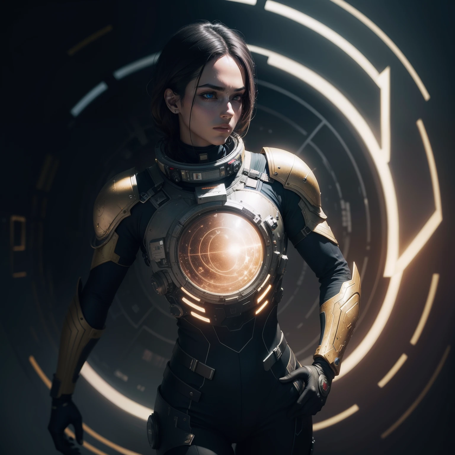 close up portrait , a woman with a viridian hat and a sepia shirt, , cyberpunk , cybermosque interior, rendered in unrealengine