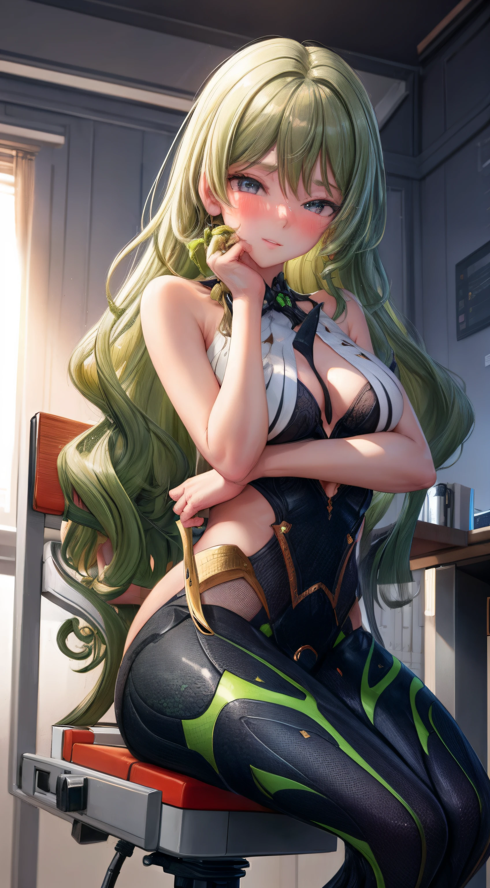 masterpiece, best quality,Extreme Detail, Super detailed, beautiful eyes, beautiful hair, Beautiful side, beautiful skin,dutch angle, green hair, snake eyes, big breasts, blush, cravings, sit, hands hidden behind his back, chair , pov