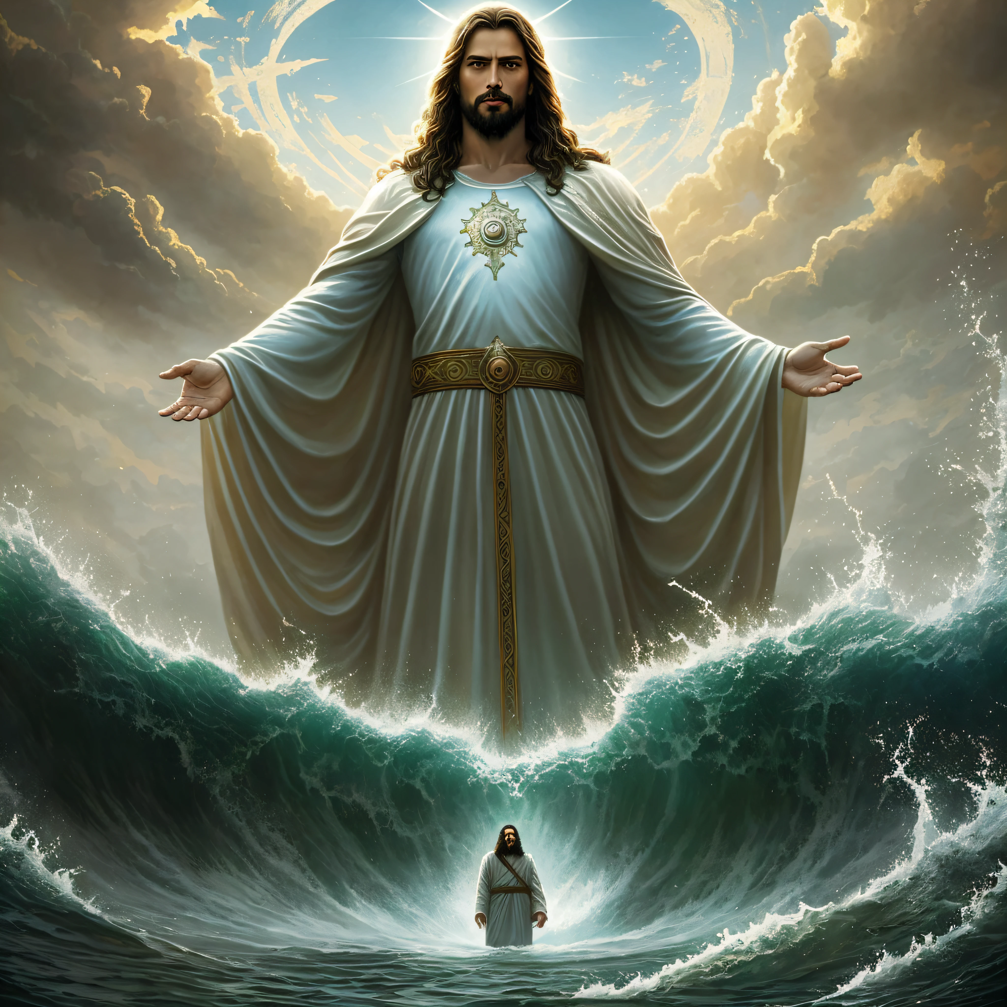 jesus walking in water with a crown on his head, jesus no céu de nuvens brancas, anjos em volta, jesus christ, alexey egorov, by Harrington Mann, dressed like jesus christ, majestic masterpiece, anton fadeev 8 k, epic biblical depiction, marc adamus, king of kings, by Aleksander Kobzdej, by Aleksander Gierymski, jesus