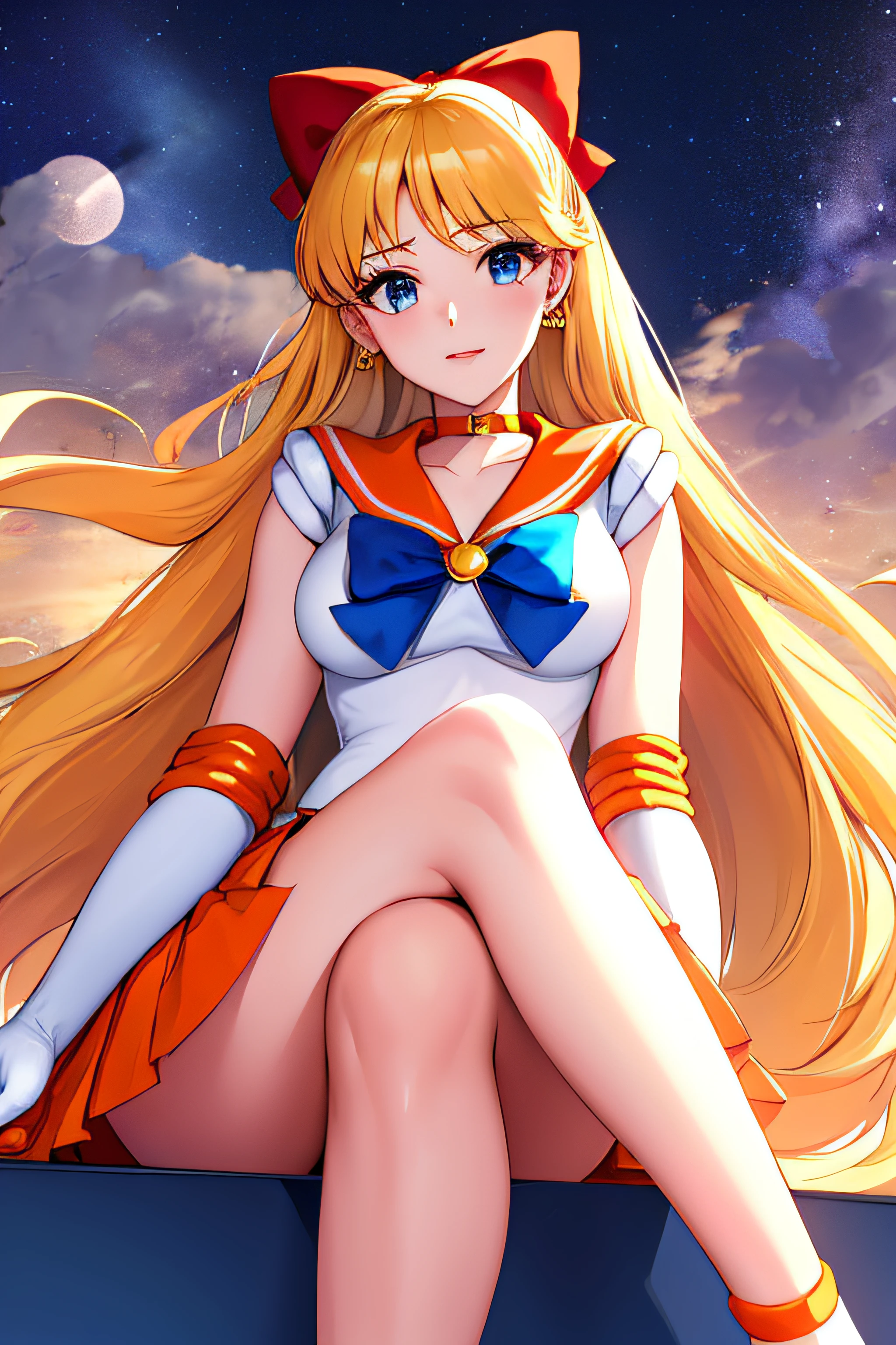 masterpiece, best quality, highres, venus1, 1girl, solo, sailor senshi uniform, sailor venus, aino minako, blonde hair, magical girl, blue eyes, orange skirt, elbow gloves, tiara, pleated skirt, hair bow, orange sailor collar, miniskirt, choker, red bow, orange choker, white gloves, very long hair, jewelry, earrings, sitting, crossed legs,