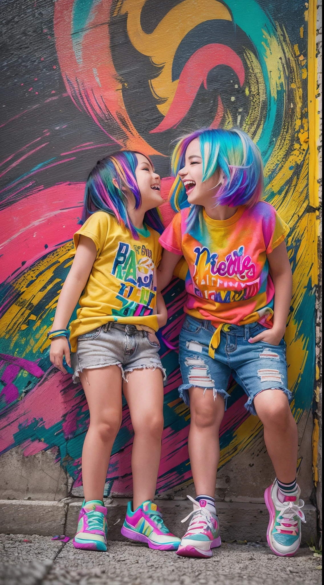 Colorful hair leaning against the wall, vivid vivid colors, multicolored clothing, Cut tattered T-shirts, vibrant color details, Vibrant and dynamic, bright vibrant colors, multicolored clothing, Intense and vivid colors, vivid vivid colors, Vivid and vibrant colors, vibrant tones, colorful outfit, colorful fashion, vivd colour, vivid and vibrant,Two laughing little girls