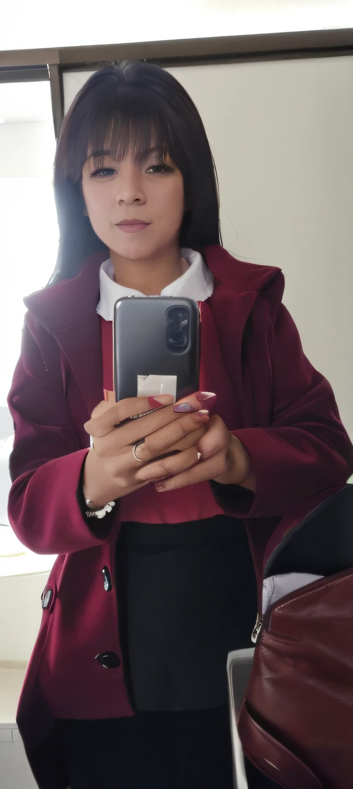 Arafed Woman in a Red Coat Taking a Selfie in a Mirror, holding a very advance phone, she is holding a smartphone, imagen de muy muy muy baja calidad, Foto de perfil, telephone!! sostenido hasta la visera, cell phone photo, low quality photograph, Phone in hand, El fondo es celestial, Imagen de cuerpo entero, Foto muy precisa, Imagen sincera, Imagen de perfil