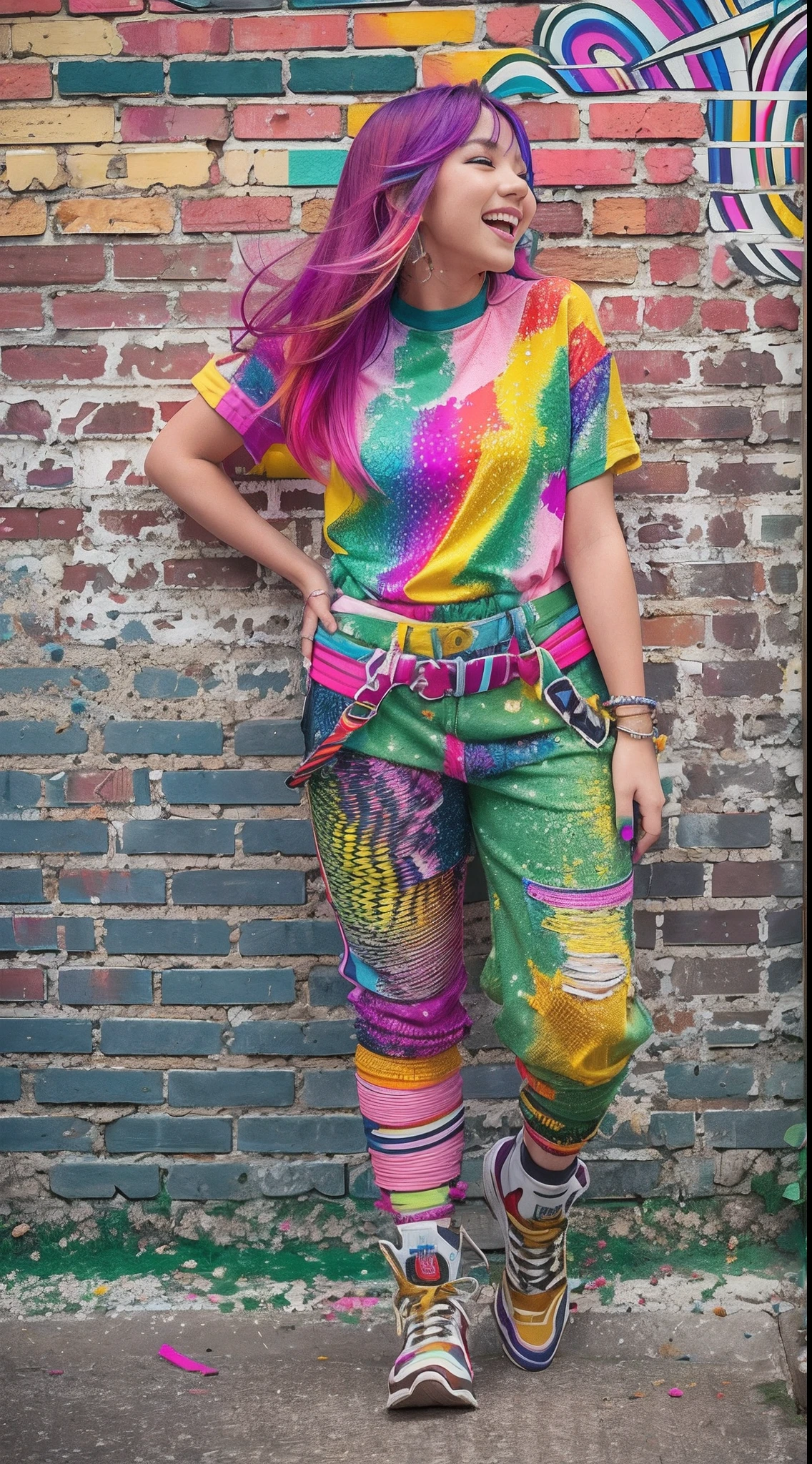 Colorful hair leaning against the wall, vivid vivid colors, multicolored clothing, Cut tattered T-shirts, vibrant color details, Vibrant and dynamic, bright vibrant colors, multicolored clothing, Intense and vivid colors, vivid vivid colors, Vivid and vibrant colors, vibrant tones, colorful outfit, colorful fashion, vivd colour, vivid and vibrant,Two laughing little girls