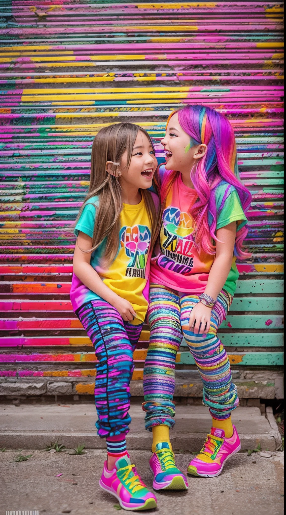 Colorful hair leaning against the wall, vivid vivid colors, multicolored clothing, Cut tattered T-shirts, vibrant color details, Vibrant and dynamic, bright vibrant colors, multicolored clothing, Intense and vivid colors, vivid vivid colors, Vivid and vibrant colors, vibrant tones, colorful outfit, colorful fashion, vivd colour, vivid and vibrant,Two laughing little girls