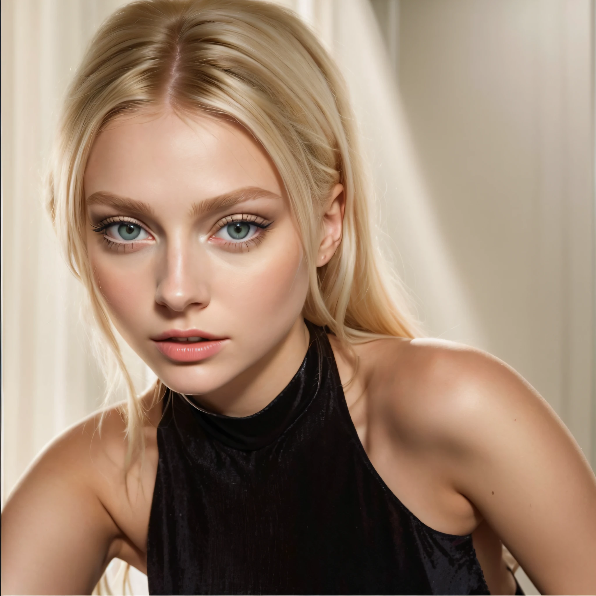 blond woman in a black dress posing for a picture in front of a mirror, taken in the early 2020s, Leesha Hannigan, blonde hair and large eyes, Eva Elfie, leaked image, Anastasia Ovchinnikova, Sydney Sweeney, Sydney Hanson, Yelena Belova, headshot profile picture, profile image, woman looks like Sharon Tate, realistic pupils, detailed skin texture, ultra-realistic