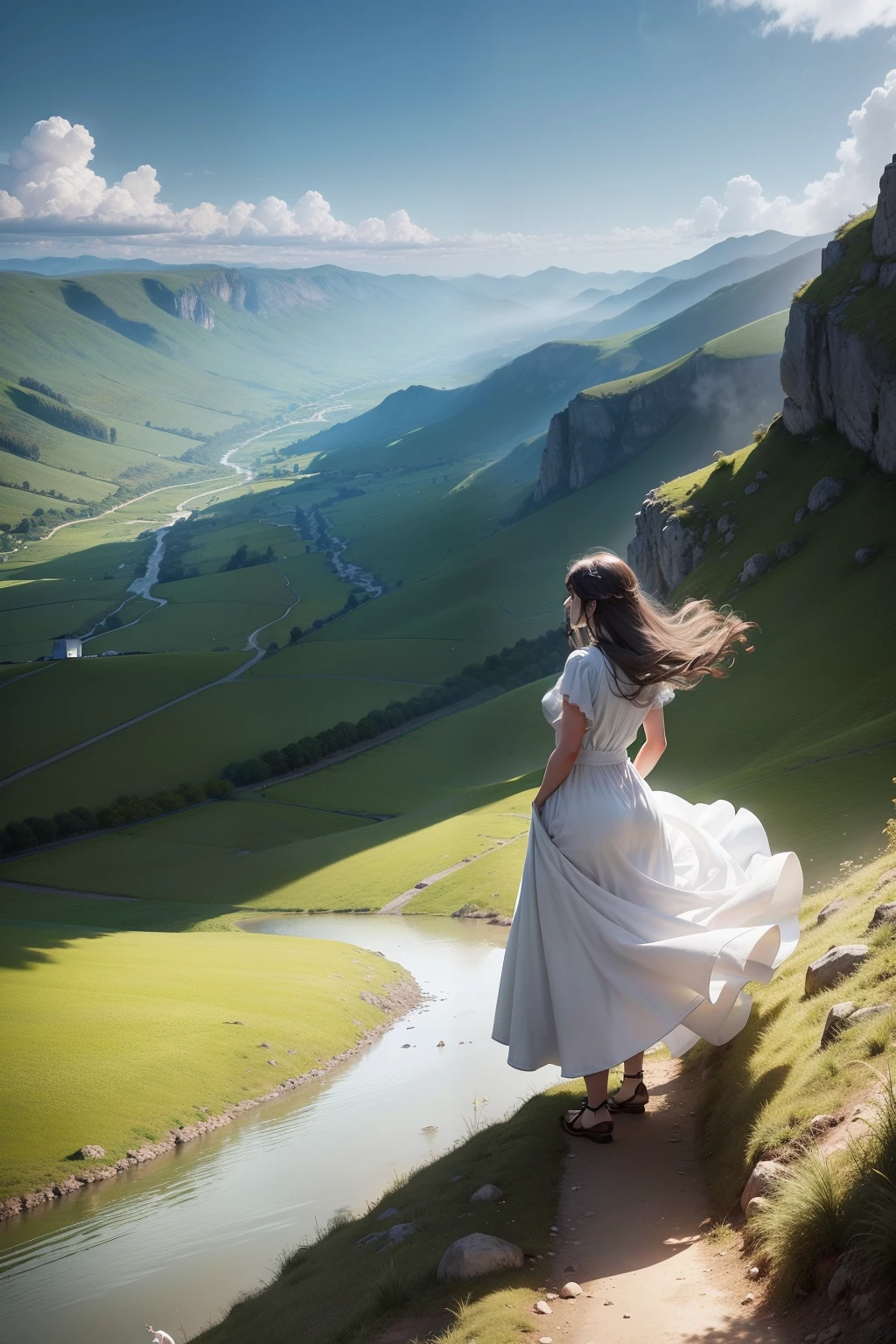 A woman in a flowing white dress stands on top of a hill, Her voice echoed throughout the valley.