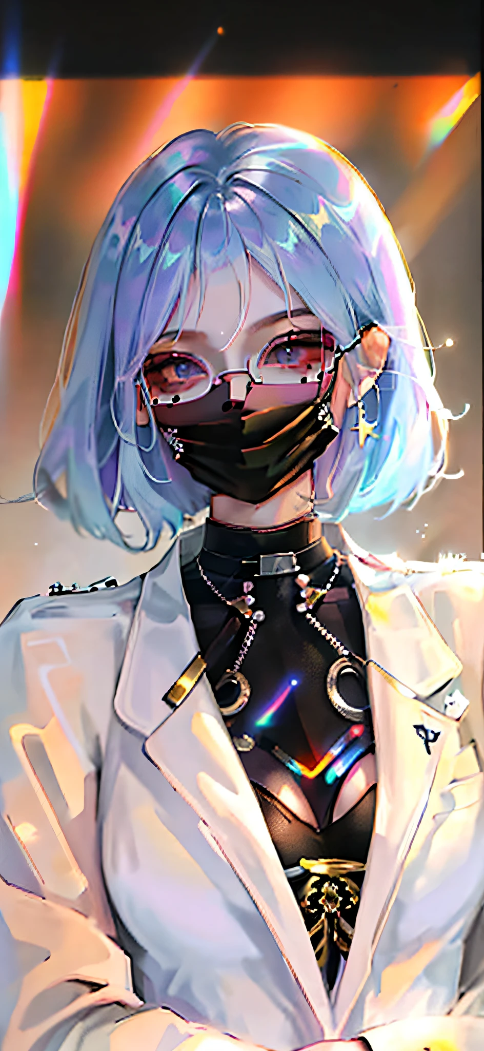 tmasterpiece,best qualtiy,ultra - detailed,illustratio,Colorful,Falt color,depth of fields,lens flare glow,1girll,anime big breast,blue short hair,looking at viewert,Detailed skin texture,Fine cloth texture,Nice and delicate face,Wear star sunglasses,Wearing a black mask,White casual suit,Dark red shirt