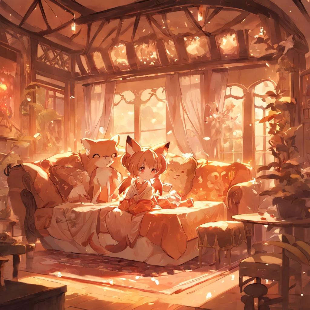 Anime character  cute fox girl , Big room, A lonely day, Fantasy Treehouse, The room was full of properties, Gibly studio style, Intricate golden fur, Beautiful and big eyes, Warm room with back view of anime characters, Sit in front of a warm brazier, Comfortable room with fur carpet, high tea, Plants on the dining table, Soft light through the windows