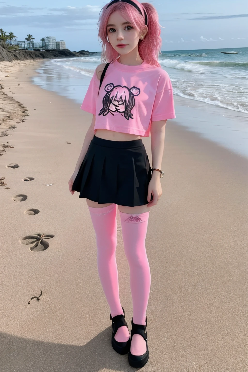 Small Belle Delphine in pink tights, Bikini black, Black anklet, tshirt, Skirt on the beach