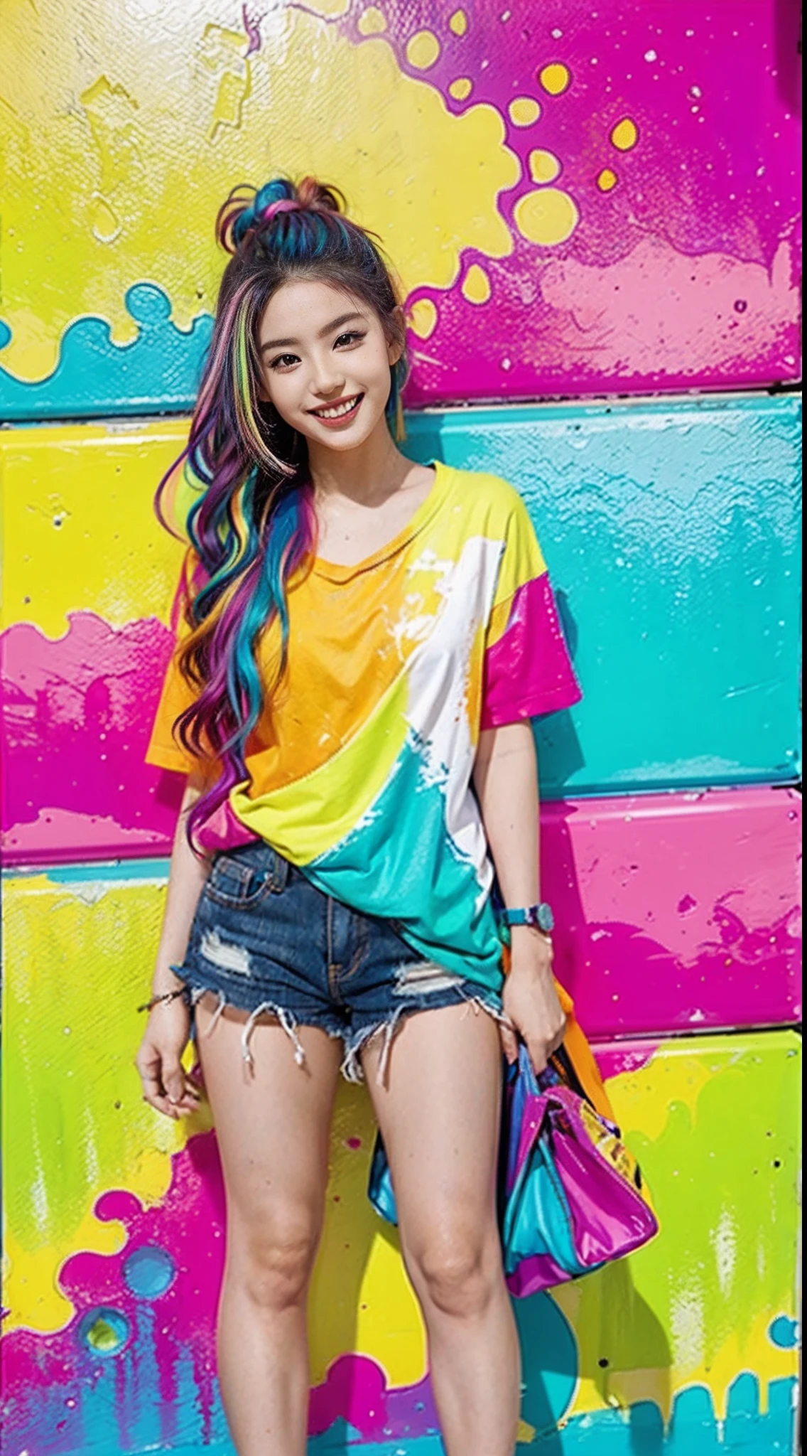 Colorful hair leaning against the wall, vivid vivid colors, multicolored clothing, Cut tattered T-shirts, vibrant color details, Vibrant and dynamic, bright vibrant colors, multicolored clothing, Intense and vivid colors, vivid vivid colors, Vivid and vibrant colors, vibrant tones, colorful outfit, colorful fashion, vivd colour, vivid and vibrant,Two laughing ****** girls