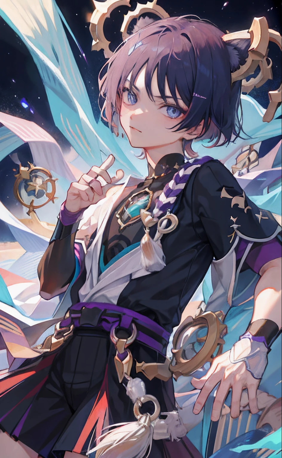 (tmasterpiece), (best qualtiy), (ultra - detailed), scaramouche(Wanderers), cat ear,younge boy,front look, looki at viewer, The upper part of the body,Reached,mysticism