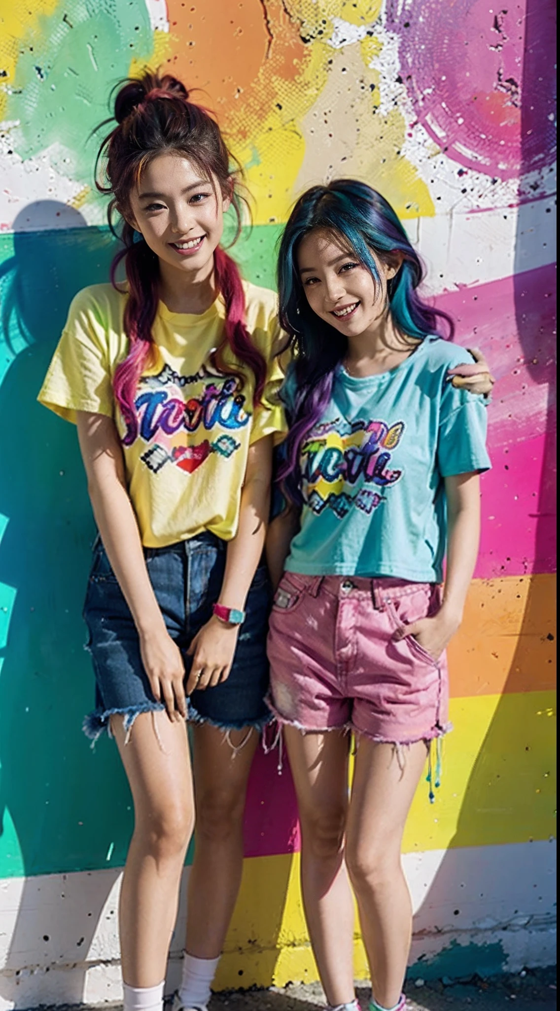 Colorful hair leaning against the wall, vivid vivid colors, multicolored clothing, Cut tattered T-shirts, vibrant color details, Vibrant and dynamic, bright vibrant colors, multicolored clothing, Intense and vivid colors, vivid vivid colors, Vivid and vibrant colors, vibrant tones, colorful outfit, colorful fashion, vivd colour, vivid and vibrant,Two laughing little girls