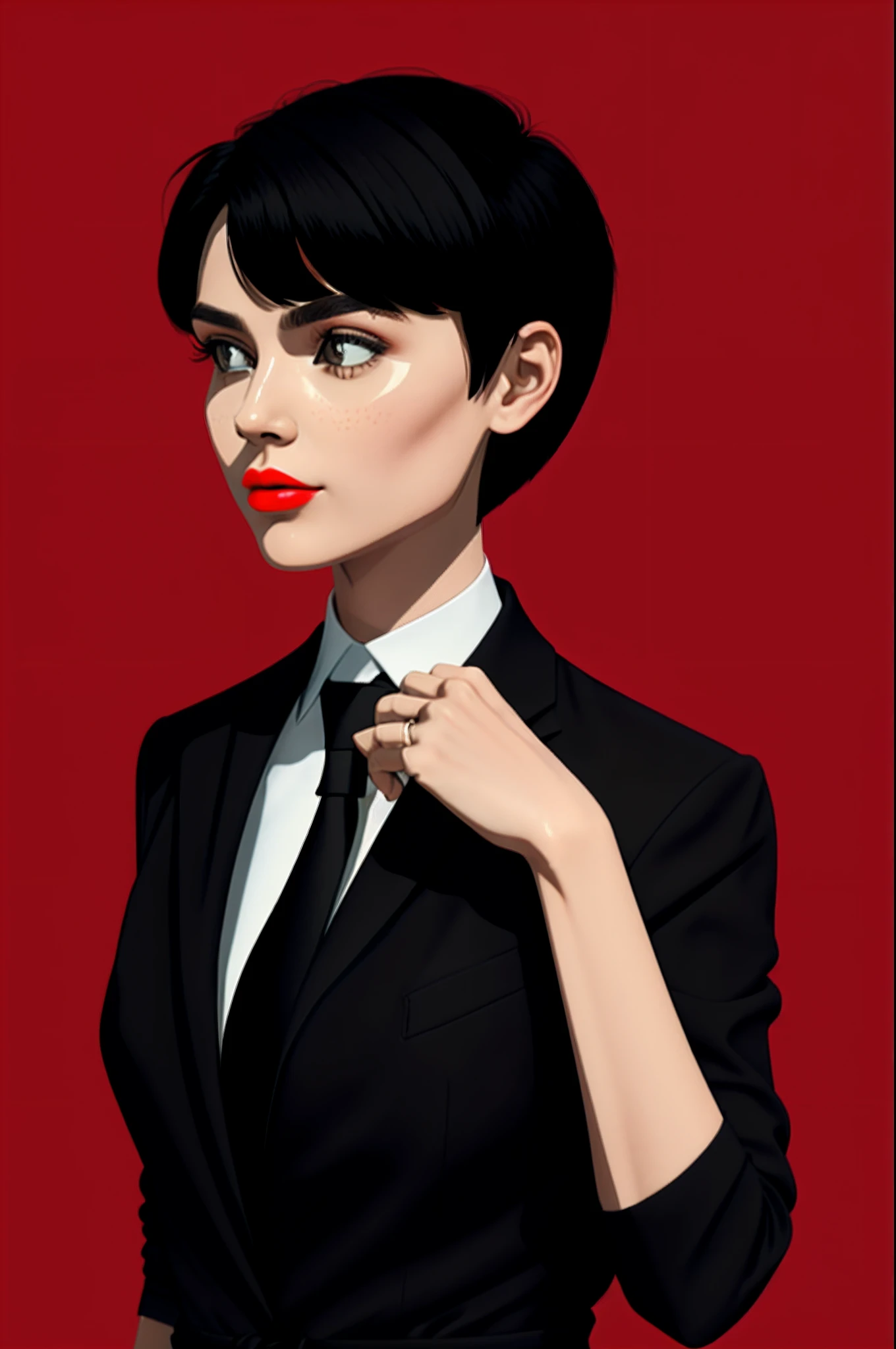 a 1girl, body complet, very detail, a lot of details, very extremely beautiful, ((tmasterpiece, minimalism)), (Short Hair Hair), black necktie, Red shirt, bright colours, looks into the distance,
