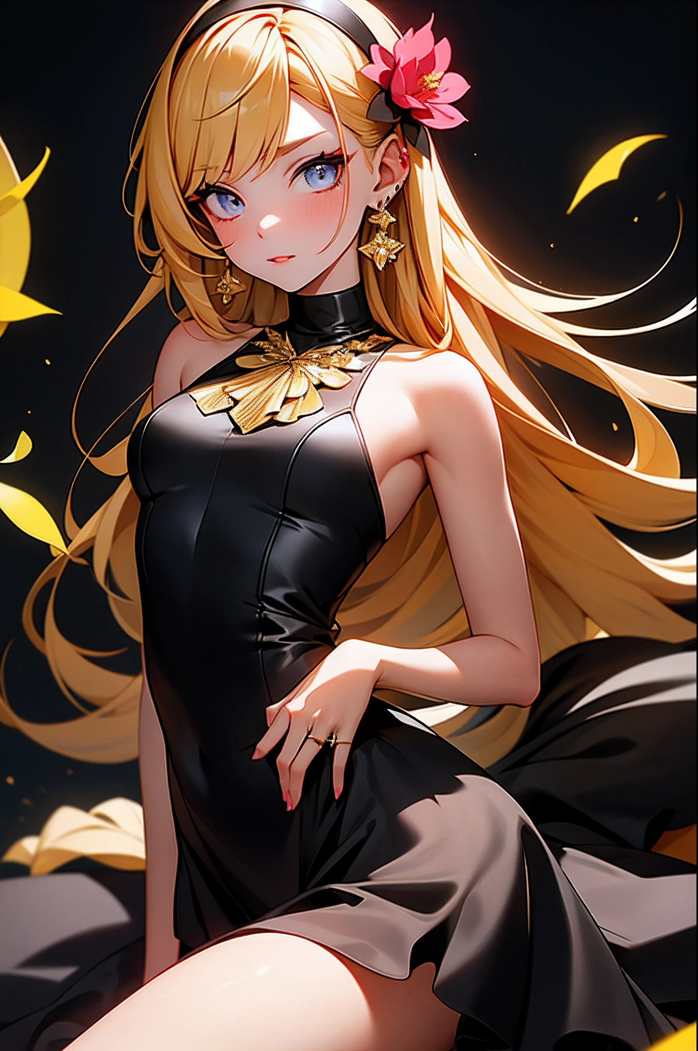 yor, 1girl, solo, dress, long hair, breasts, looking at viewer, bangs, hair ornament, arms behind back, cowboy shot, black dress, bare shoulders, jewelry, closed mouth, flower, sidelocks, hairband, earrings, sleeveless, black thighhighs, hair flower, black dress, zettai ryouiki floating hair, parted lips, gold hairband, (spread legs), sitting, black background, blood background